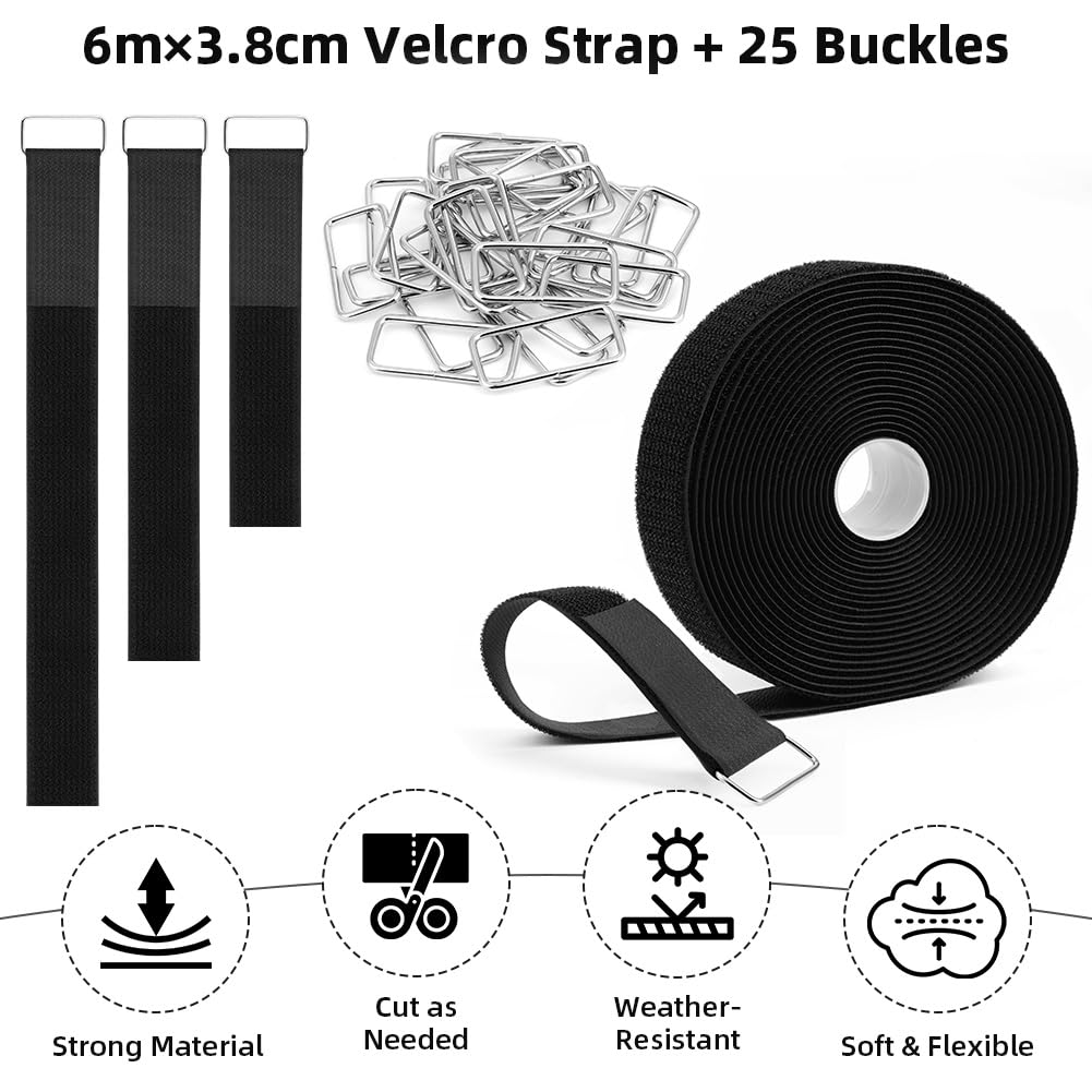 HOTUT Sangle Auto-Aggrippante Réutilisable 6m X 3,8cm Noire + 25 Boucles Métalliques - Gestion Câbles Et Fixation Polyvalente