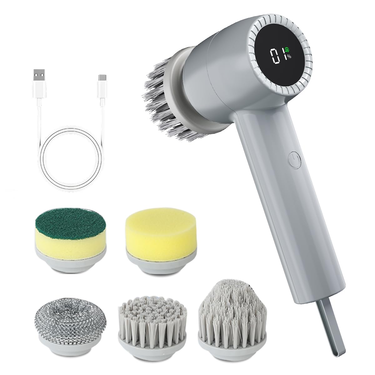 Smyeviva Electric Spin Scrubber Cordless, 5 In 1 Waterproof Cordless Electric Cleaning Brush with LED Display, Floor Scrubber With 2 Speeds 5 Brush Heads for Bathroom Tub Wall Kitchen Tile Car(Grey)