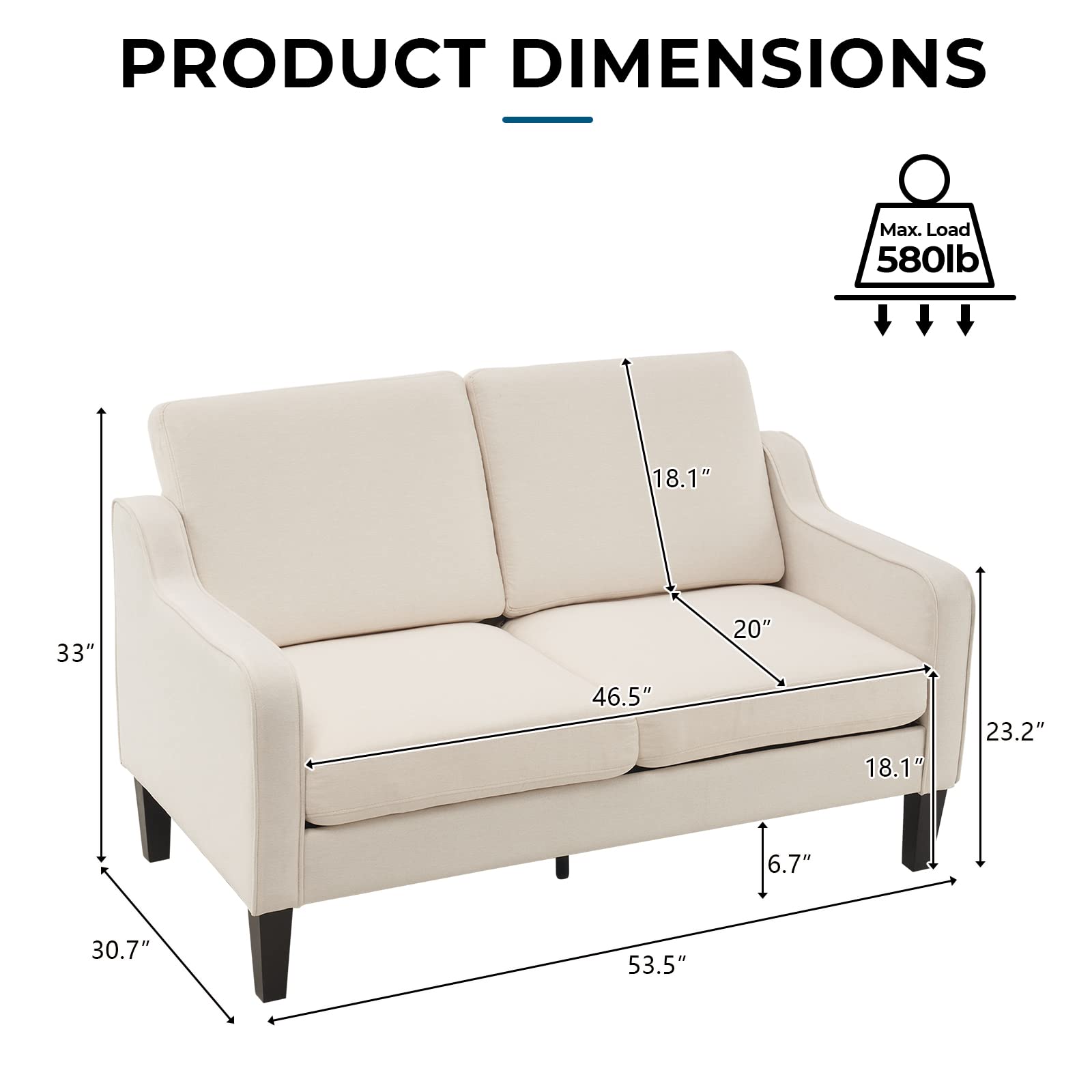 VINGLI Loveseat 53" Small Couch Loveseat Sofas for Living Room Mid Century Modern Sofa Couch Beige Love Seat Couches with Scooped Arms for Small Spaces, Bedroom, Apartment, Studio