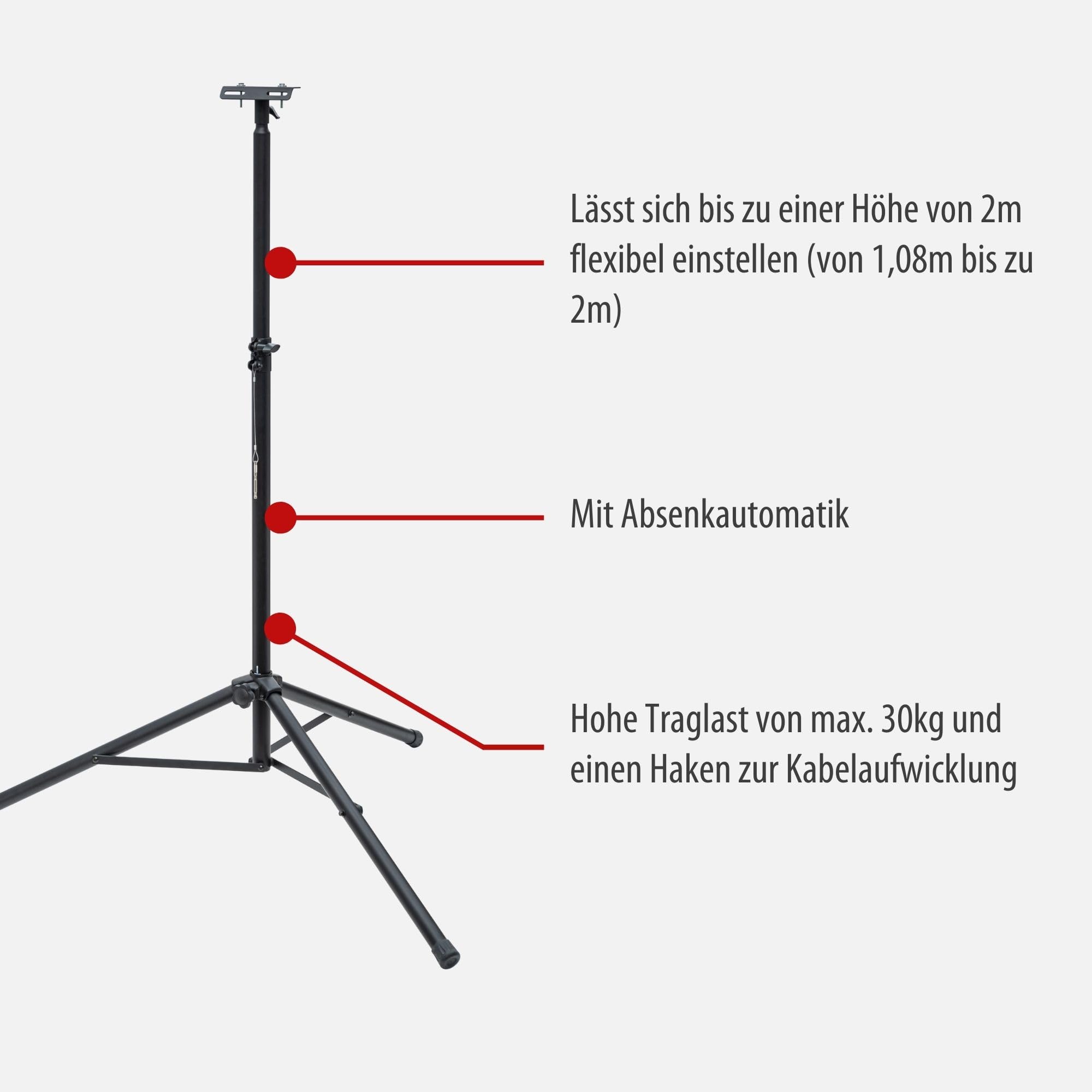 Brennenstuhl BAU Teleskop Stativ ST 200 für Baustrahler mit Absenkautomatik | stufenlos höhenverstellbar von 1,08m bis 2m, max. Traglast 30kg, mit Querträger, 3 kräftige Standrohre