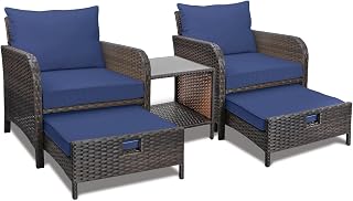 LEVELEVE 5-Piece PE Wicker Patio Conversation Set: Outdoor Lounge Chairs, 2 Ottomans, Tempered Glass Table for Balcony & Porch - Brown
