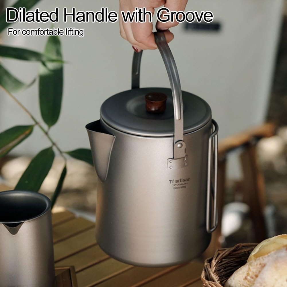 Hervidor de camping de titanio de 1,5 L con mango de madera, cafetera ligera para exteriores con boquilla de filtro para senderismo, mochileros, uso en estufas