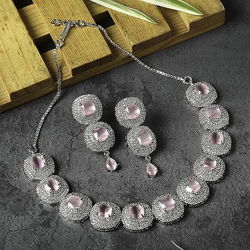 Image of ZENEME Rhodium Plated Silver Toned Triangular Shaped American Diamond Studded Jewellery Set For Women and Girl