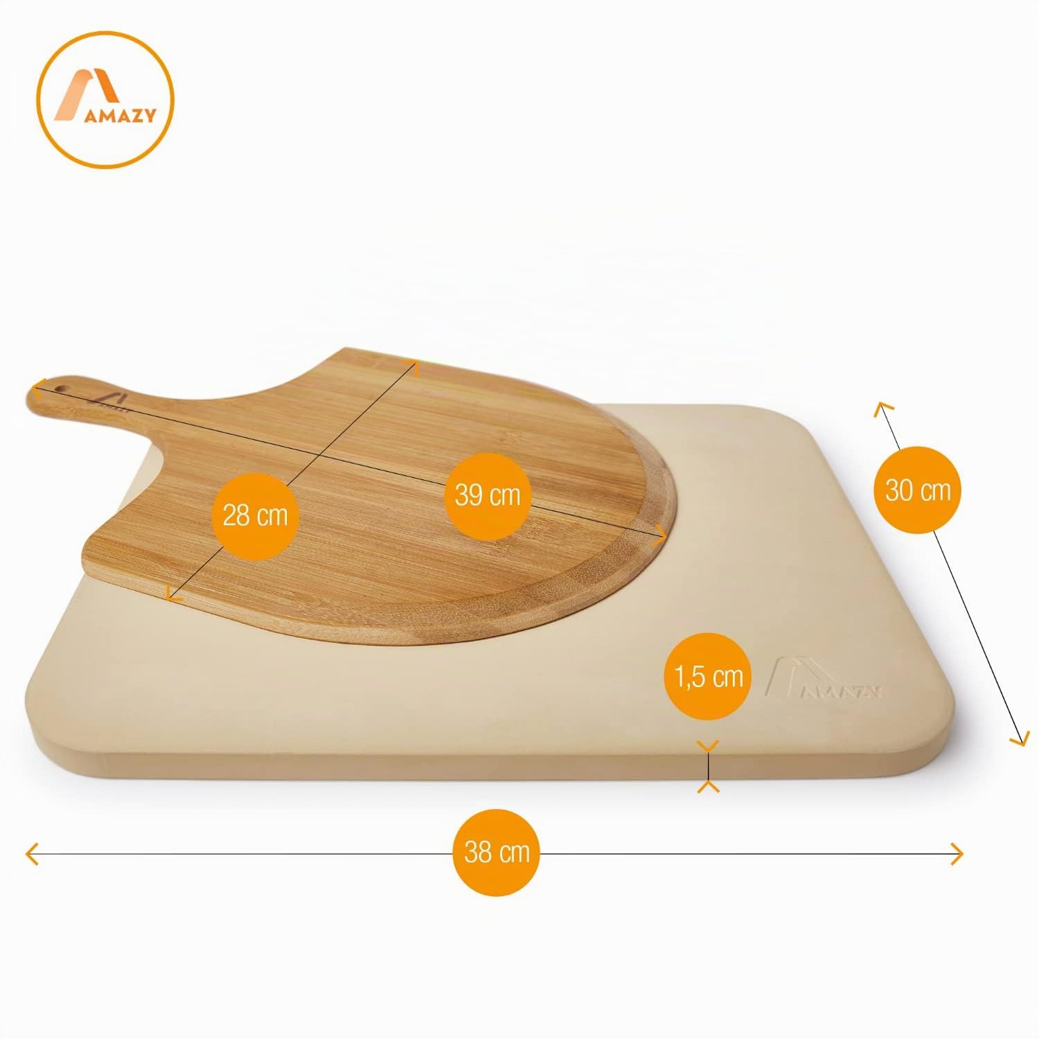 AMAZY Pierre à Pizza pour Four à Pizza et Gril - avec Pelle à Pizza Bois, Papier Cuisson Réutilisable et Livre de Recettes - Pierre Réfractaire en Cordiérite pour Pizza à l'Italienne Croustillante
