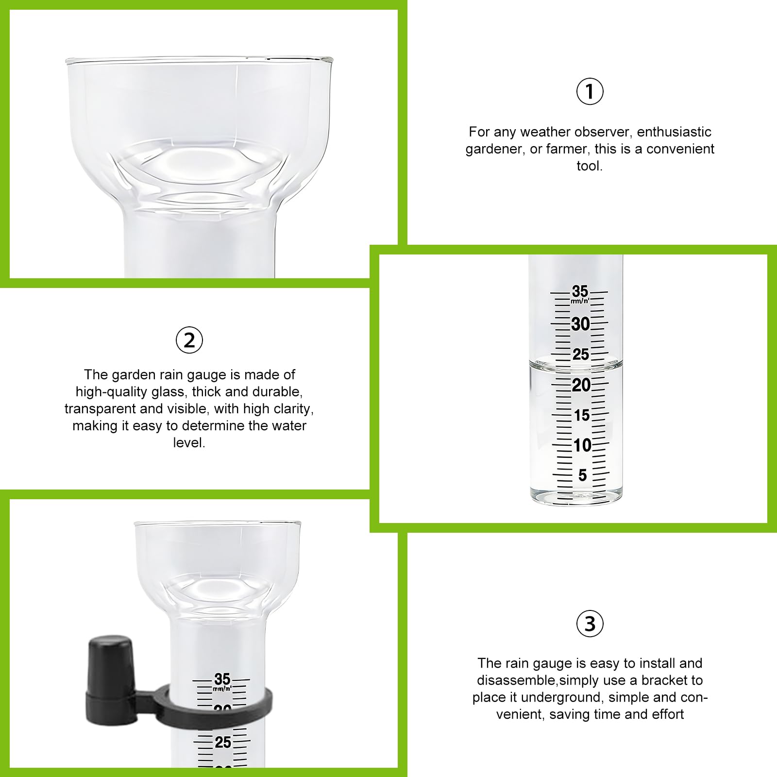 Lot de 4 Pluviomètres, Pluviometre Exterieur Jardin avec Support, Pluviomètre en Verre RéSistant de 35 mm, Mesureur de Pluie et de Précipitations, pour Cour, Jardin et Espaces Extérieurs
