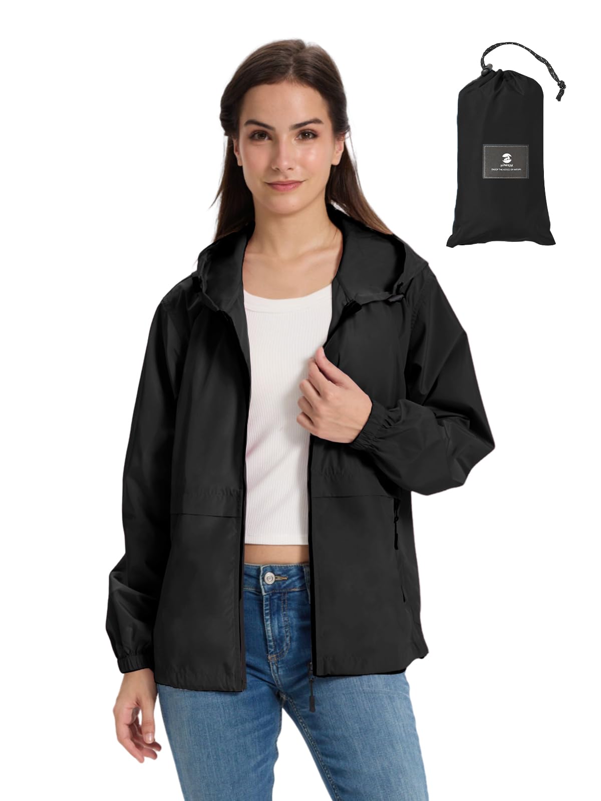Lightweight Rain Jacket Women Waterproof Breathable Raincoat Packable Hooded Windbreaker
