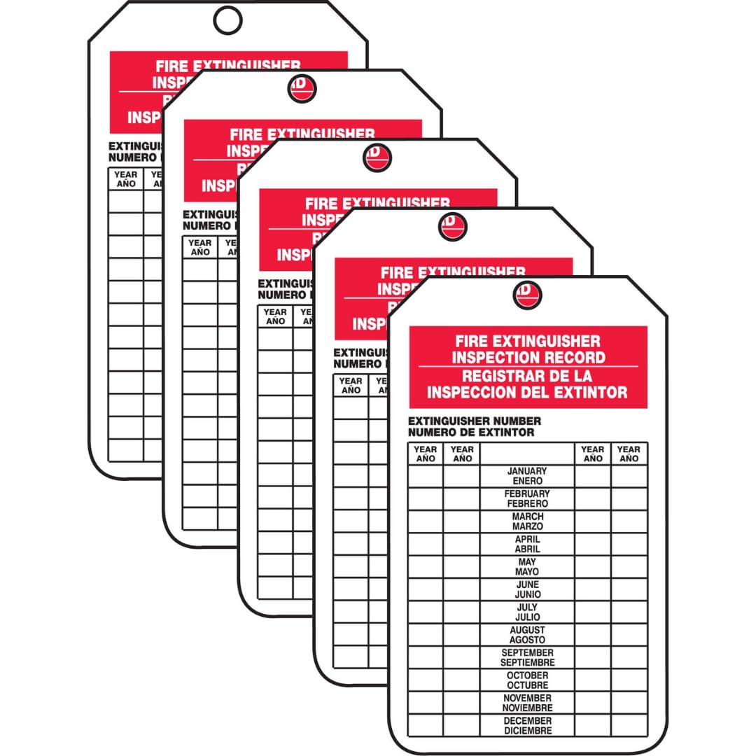 Accuform SBTRS217CTM PF-Cardstock Fire Extinguisher Tag, Legend "FIRE Extinguisher Inspection Record", 5.75" Length x 3.25" Width x 0.010" Thickness, Red/Black on White (Pack of 5)