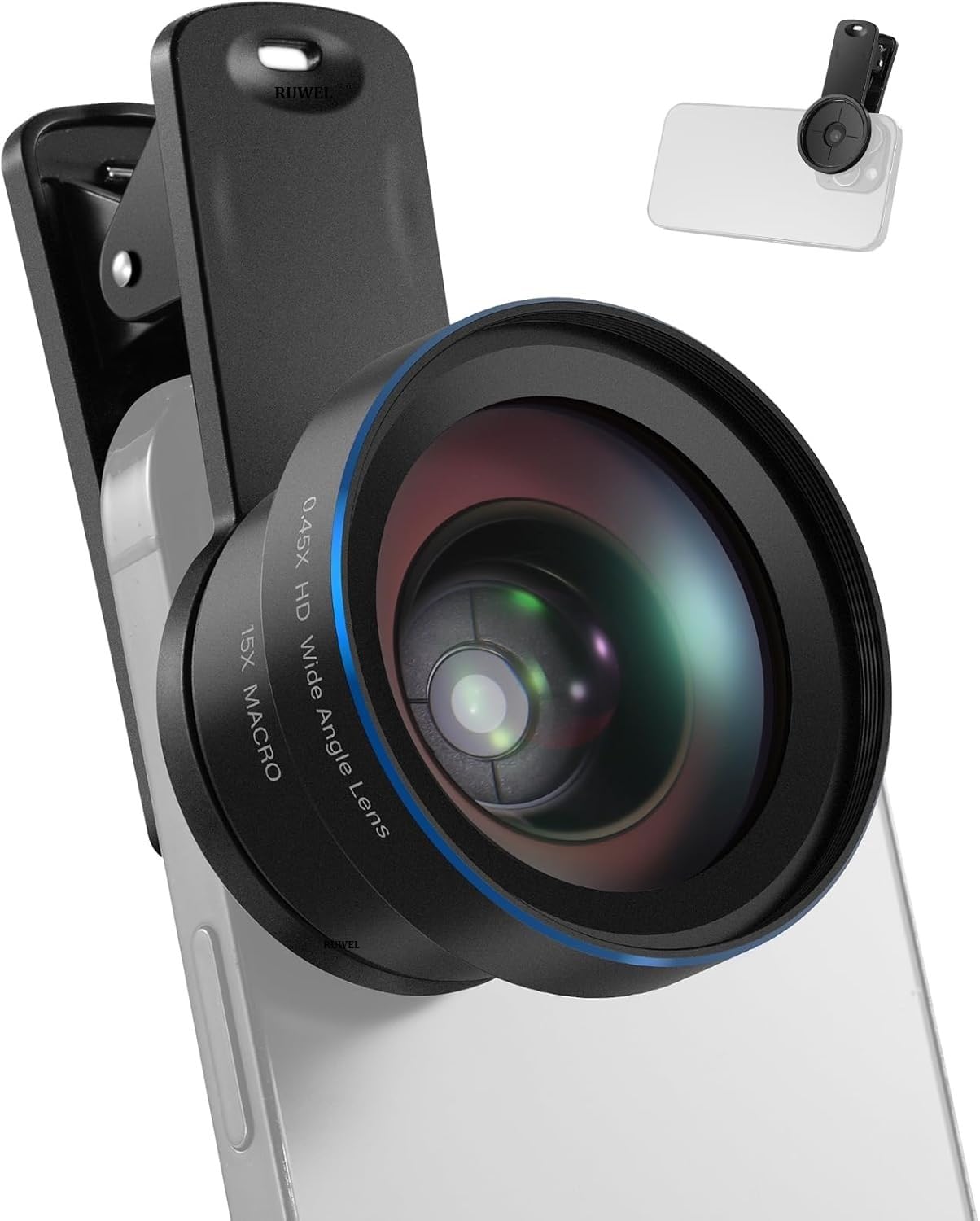 RUWEL 2 in 1 Phone Camera Lens Accessories Kit, HD 0.45x Wide Angle + 15x Macro, 37mm Lens Clamp Detachable HD Glass with Storage Bag Compatible with iPhone and Android Smartphone & Tablets RUWEL 2 in 1 Phone Camera Lens Accessories Kit, HD 0.45x Wide Angle + 15x Macro, 37mm Lens Clamp Detachable HD Glass with Storage Bag Compatible with iPhone and Android Smartphone & Tablets