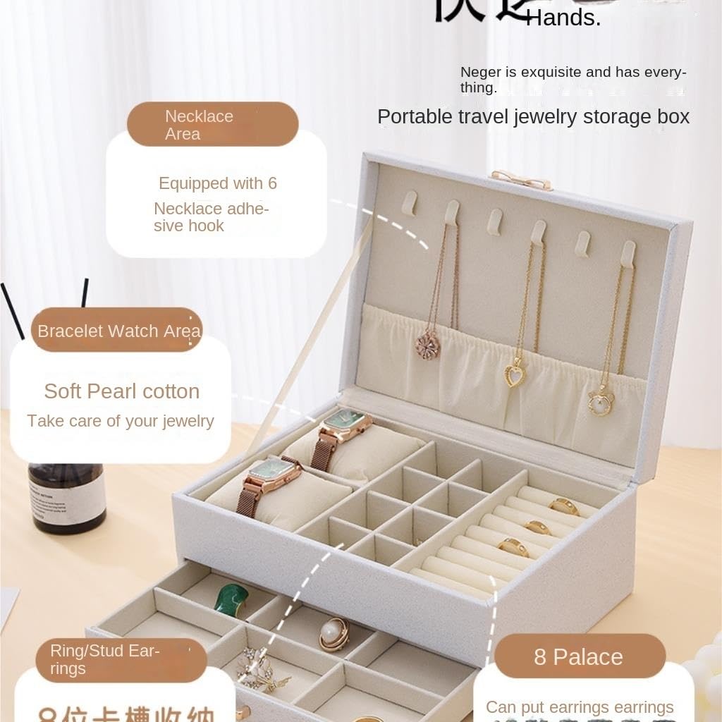Przenośne pudełko na biżuterię, dwuwarstwowy organizer do przechowywania kolczyków i pierścionków, elegancki design dla kobiet i dziewcząt, przyjazna w podróży etui na biżuterię do rąk