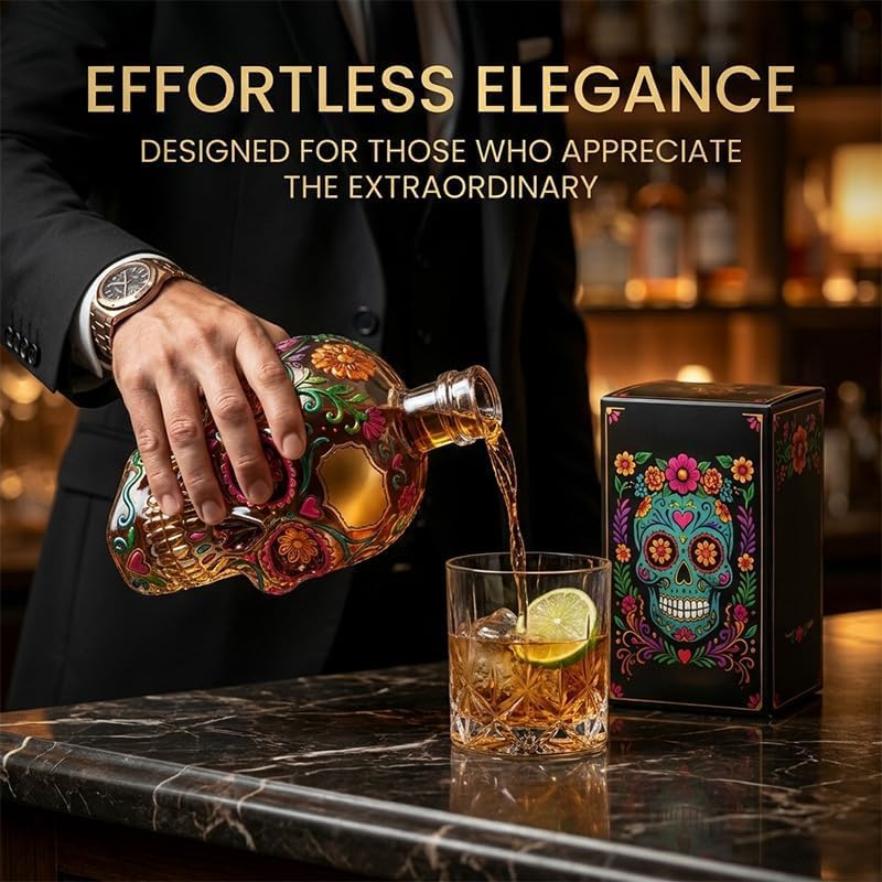 Bottiglia decanter a forma di teschio gotico 2026, decorativa in edizione limitata, dipinta in vetro dipinto, per liquori, decanter vuoto per whisky, creativo con design floreale per feste di