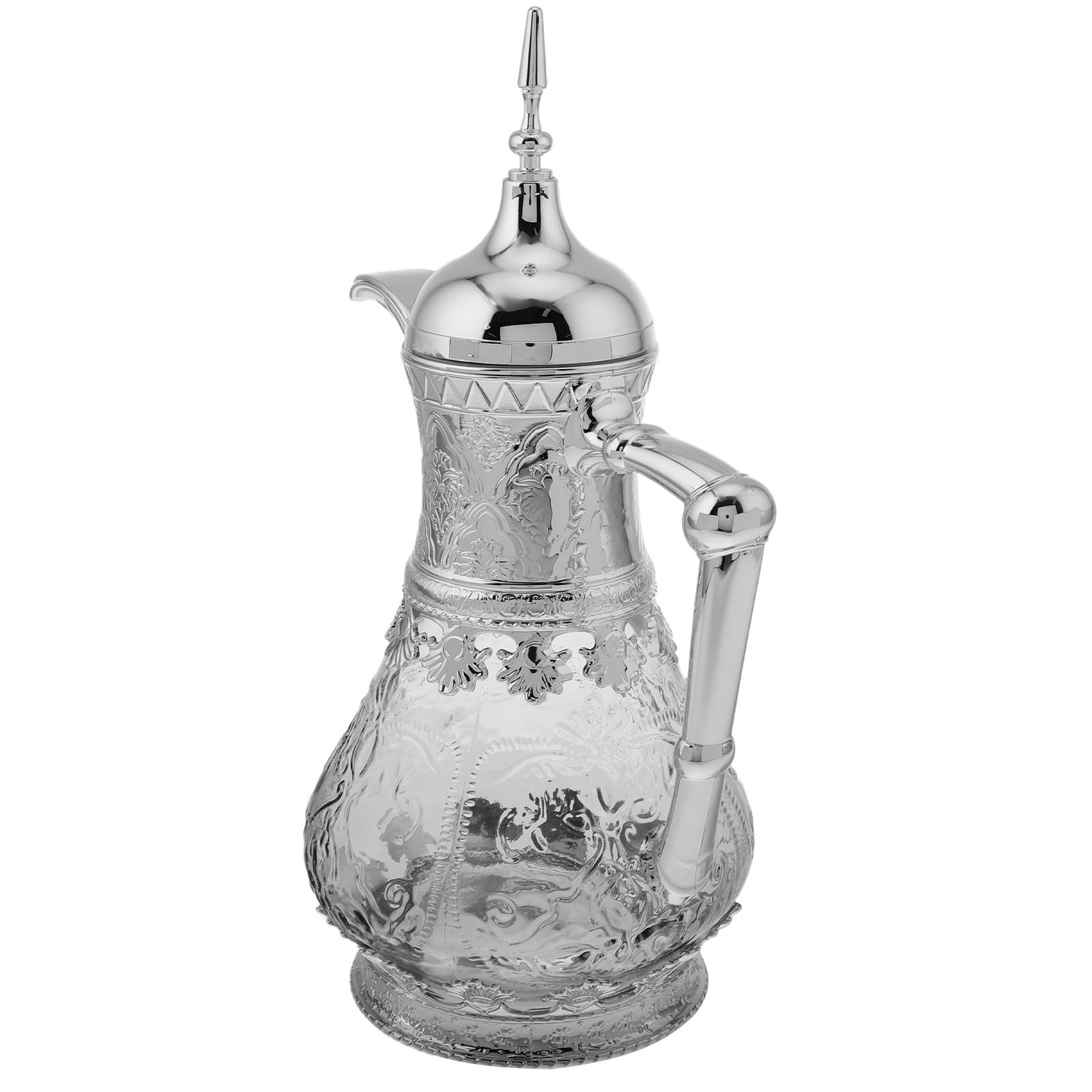 Jarra de Vidrio con Tapa 1,6 L Estilo Árabe para Agua Fría para Nevera de Vidrio Plateado para Servir Bebidas Frías y Sangría Diseño Medio Oriente Uso Versátil en Cocina
