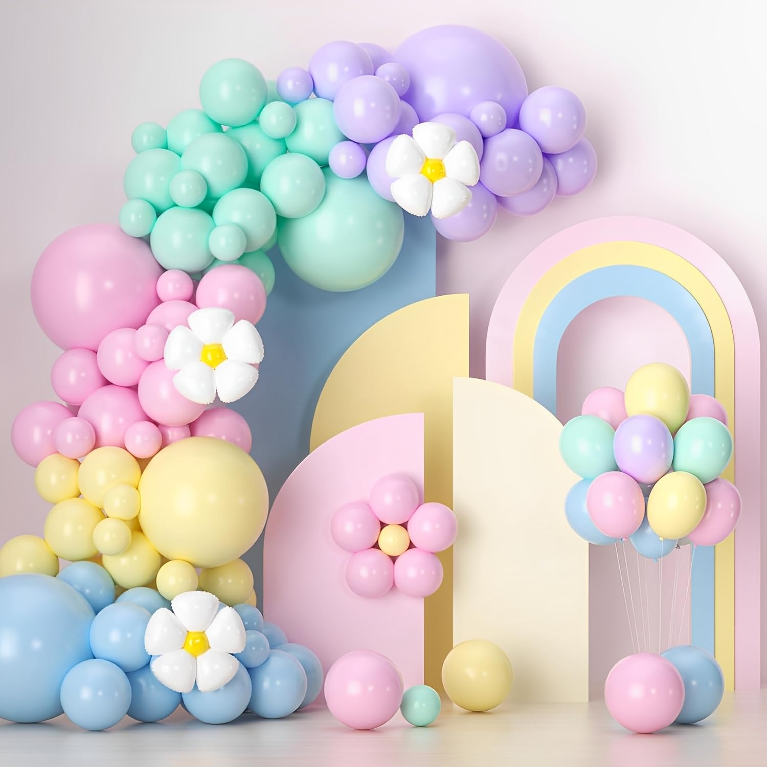 136pcs Pastel Balloons Garland Arch Kit, Pastel Macaron Balloons Daisy Balloon for Baby Shower Wedding Anniversary Easter Birthday Party Decoration