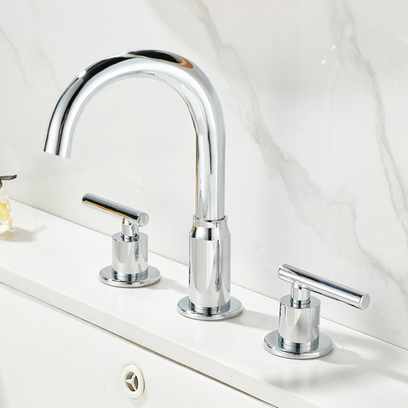 ZYCHSJXA Modern Bathroom Sink Tap 3 Hole Taps Chrome Gooseneck Basin Faucet Brass Spout with Hot and Cold