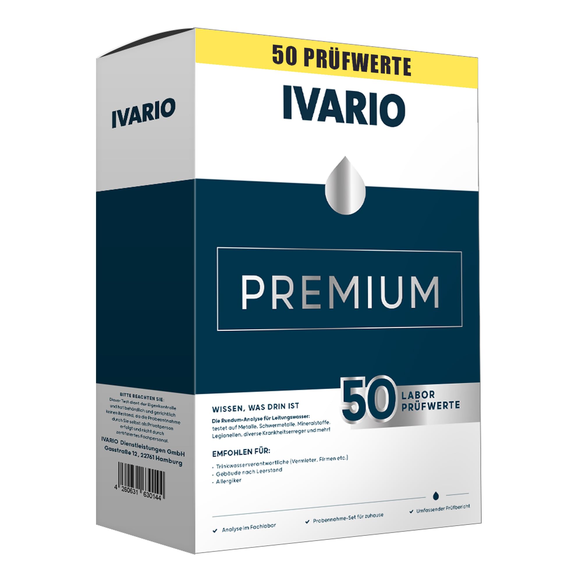 IVARIO Labor-Wassertest Premium Check (50 Prüfwerte) | Für Trinkwasser/Leitungswasser, Experten-Analyse im akkreditierten Deutschen Fachlabor inkl. Legionellentest