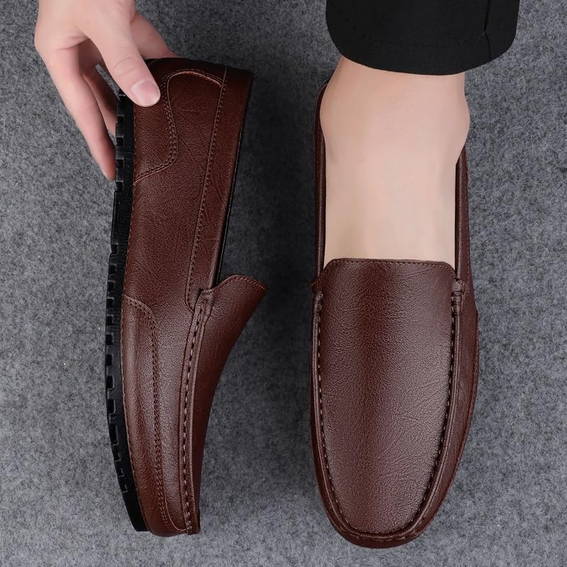 Mens Loafers Shoe Round Toe Solid Color Leather Loafer Shoes Flat Heel Lightweight Slip Resistant Classic Walking Slip-ons4