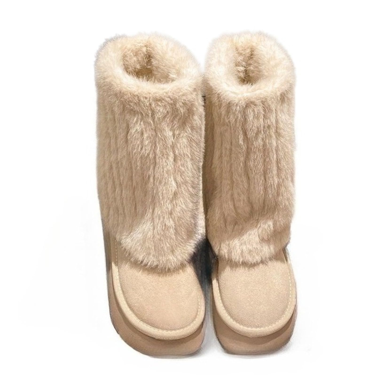 Winter Platform Snow Boots for Women Mid Calf Fuzzy Lined Slip on Water Resistant Comfortable Casual Shoes Off-white