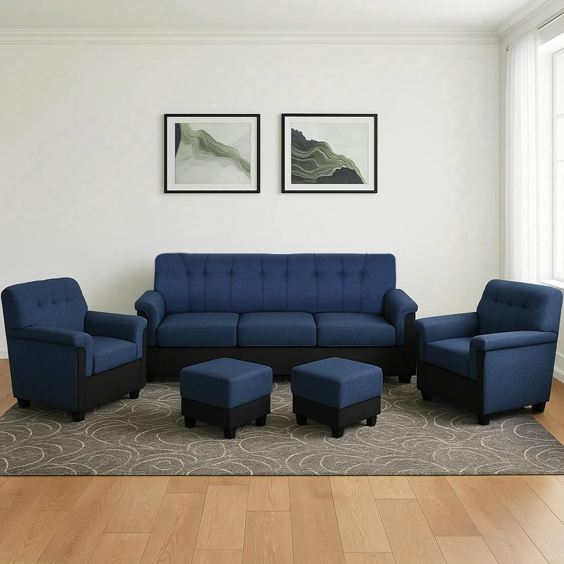FURNY Woodswave 5 Seater Sofa Set with Velvet Fabric, 3+1+1+2 Puffy Sofa Set for Living Room (Blue-Black Color)-image-48
