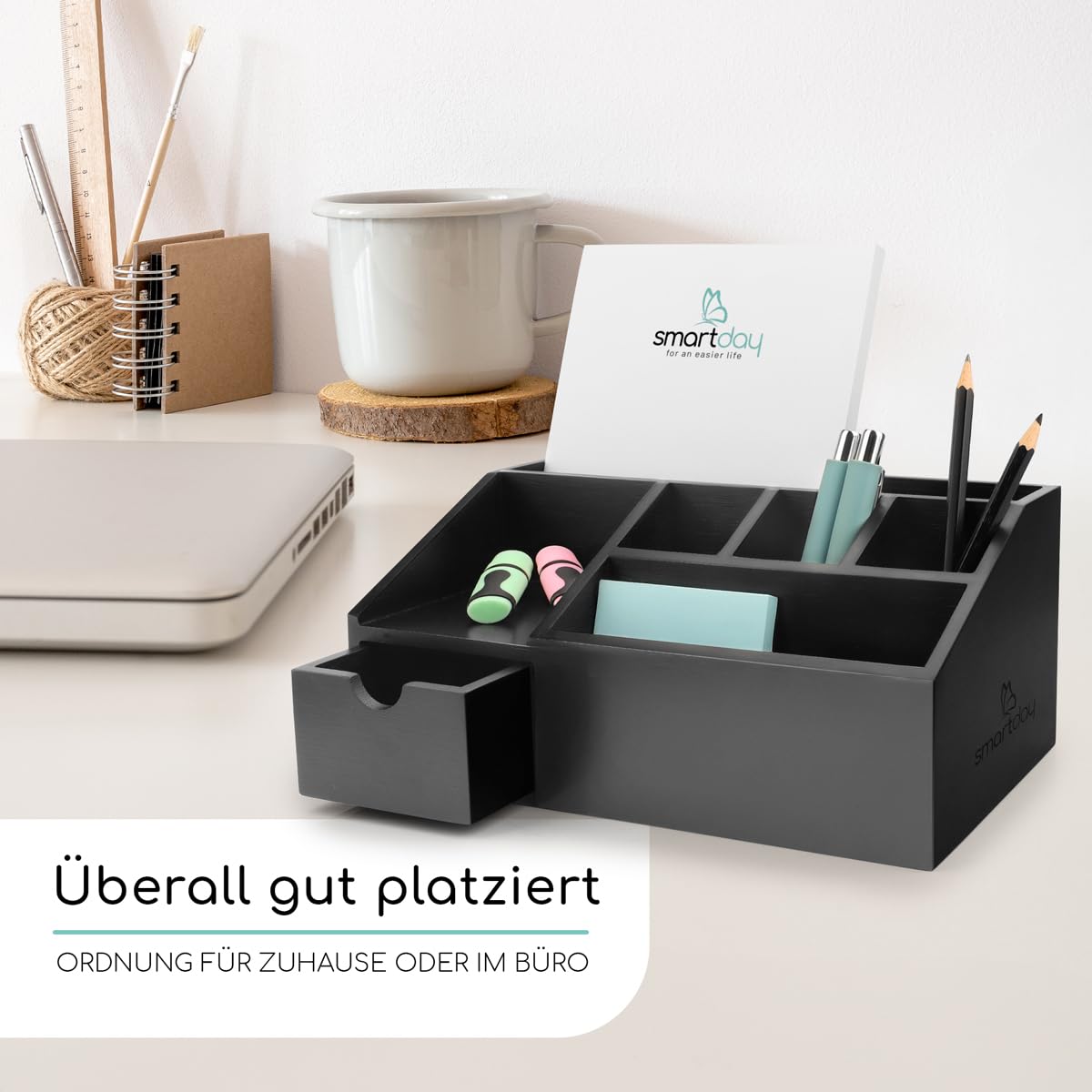 Organizzatore da scrivania in legno di bambù con cassetto nero – organizzatore per ufficio, portapenne, portapenne, organizer da scrivania