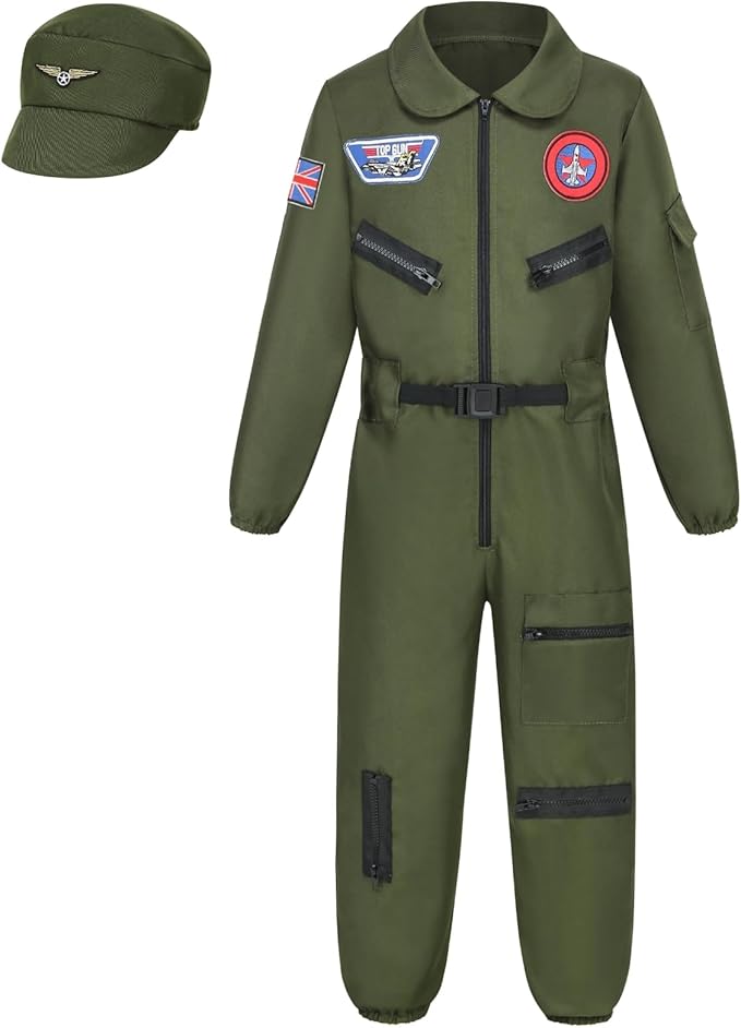 Kids Pilot Costume 2PCS Fighter Jet 3-12 Years Boys and Girls Aviator Costume for Halloween