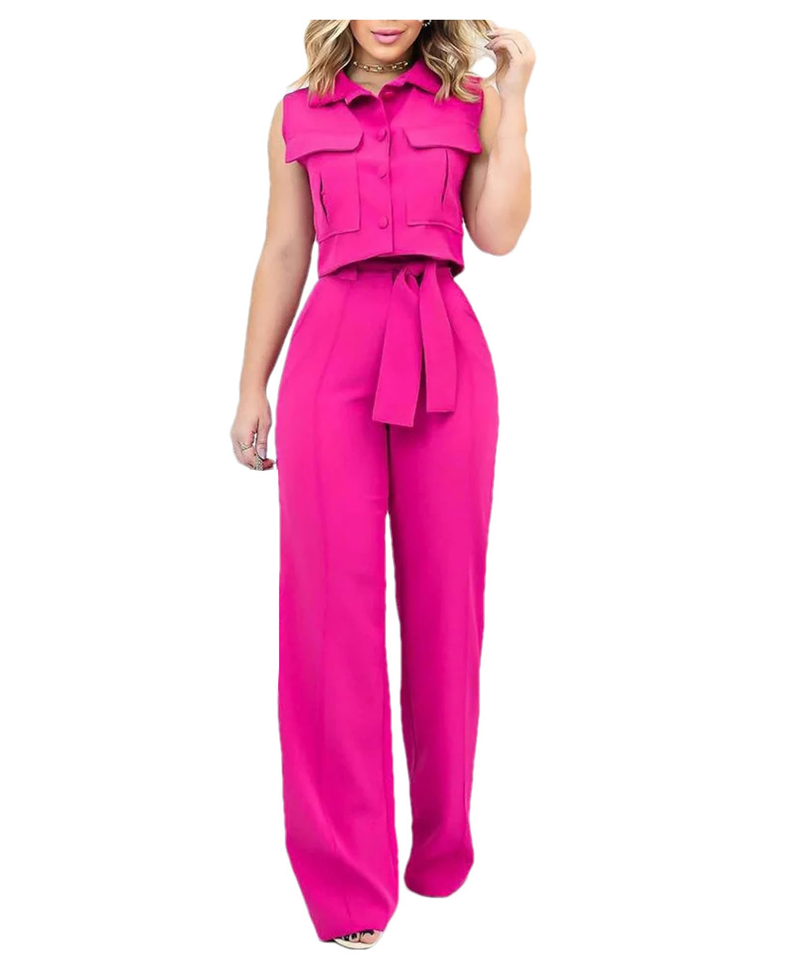 Women Elegant 2 Piece Set Casual Sleeveless Lace-Up Button Shirt And Loungewear Wide Leg Pants Sets