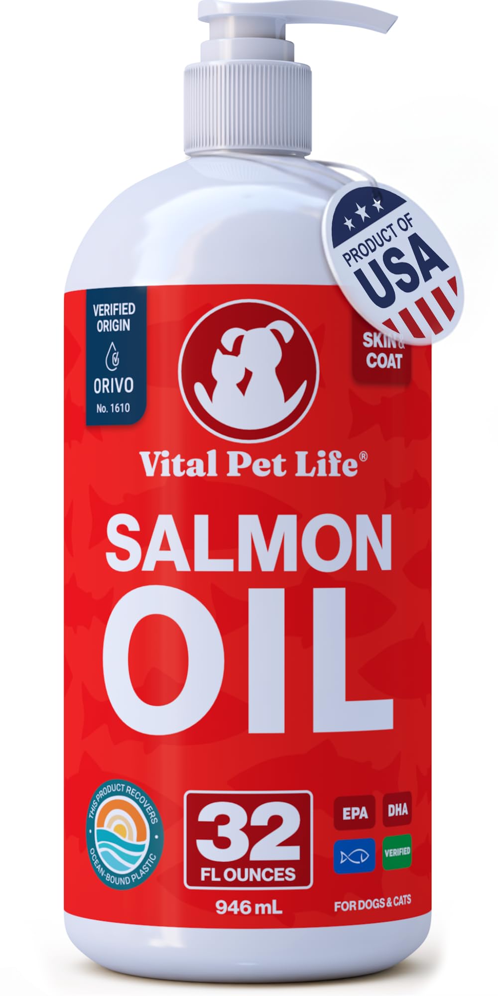 Salmon Oil for Dogs & Cats - Healthy Skin & Coat, Fish Oil, Omega 3 EPA DHA, Liquid Food Supplement for Pets, All Natural, Supports Joint & Bone