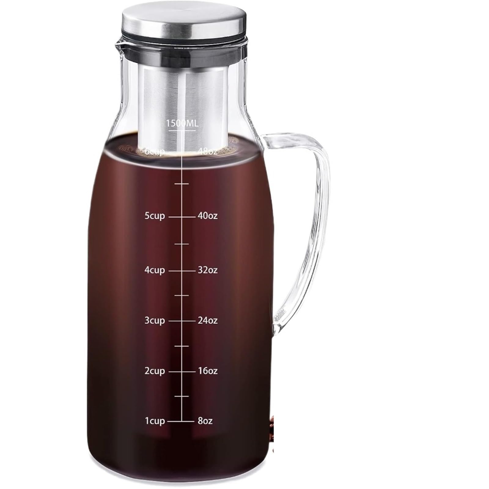 Cold Brew Kaffeekanne 1,5 L Cold Brew Kaffee- Und Teezubereiter Mit Abnehmbarem Edelstahlfilter Und Deckel for Kaffee, Eistee, Fruchtgetränke, Limonade, Kaffeekanne für kaltgebrühten Kaffee