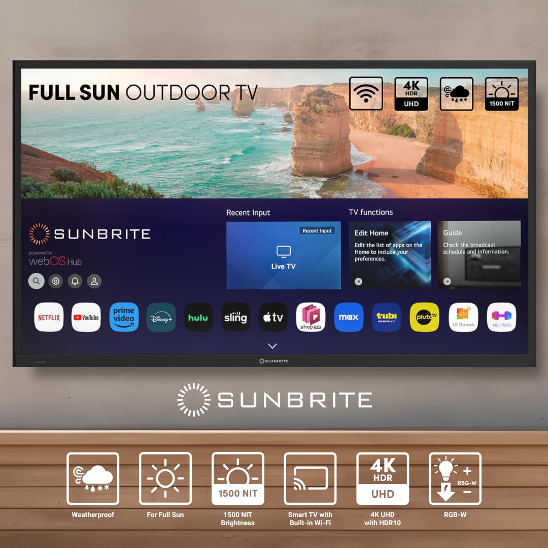 SunBrite 49" Solis Smart Outdoor Television, Full-Sun 4K TV, 1500-Nit Brightness, Anti-Glare Screen, IP55 Weatherproof, Wi-Fi Bluetooth, Integrated Speakers SB-FS-49-BL