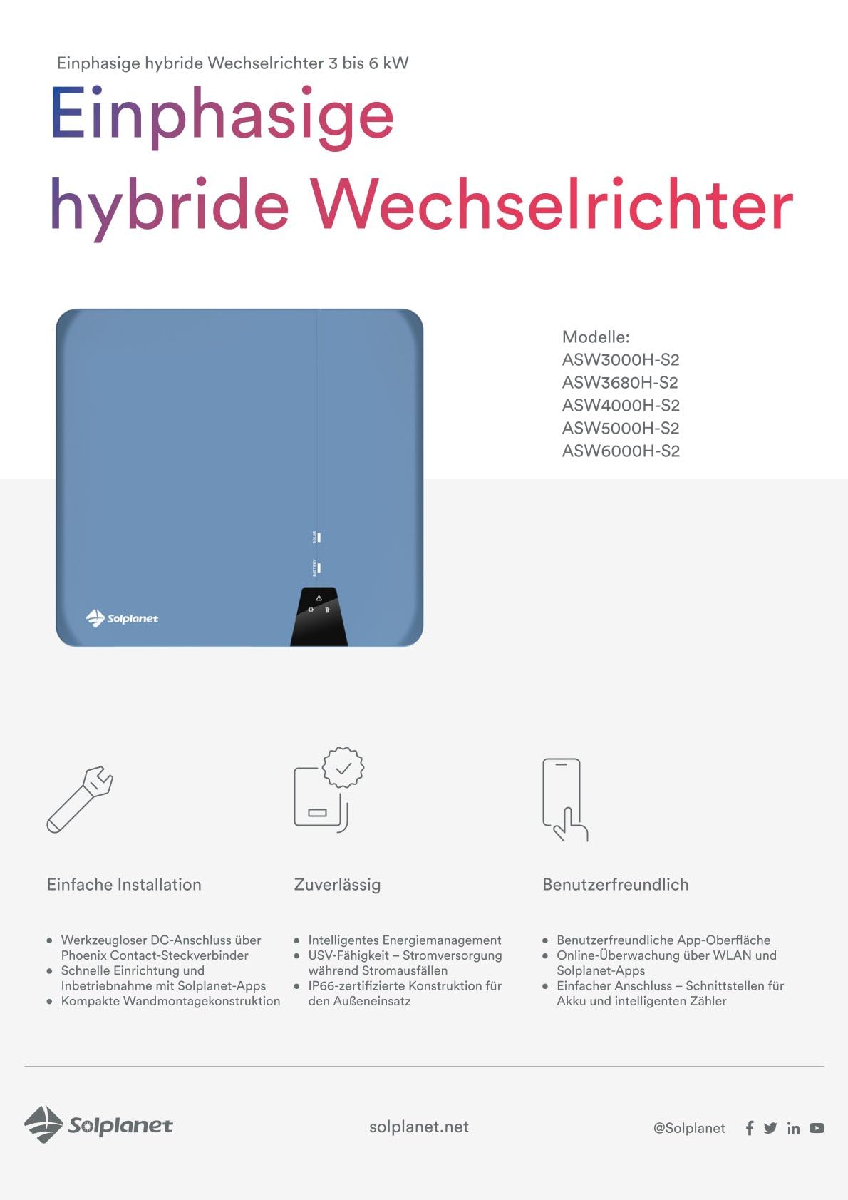 Solplanet ASW 3000H-S2 Hybrid Wechselrichter 48V - 3kW Effizienter PV- Inverter für PV-Anlagen mit Batteriespeicher, Notstromfunktion