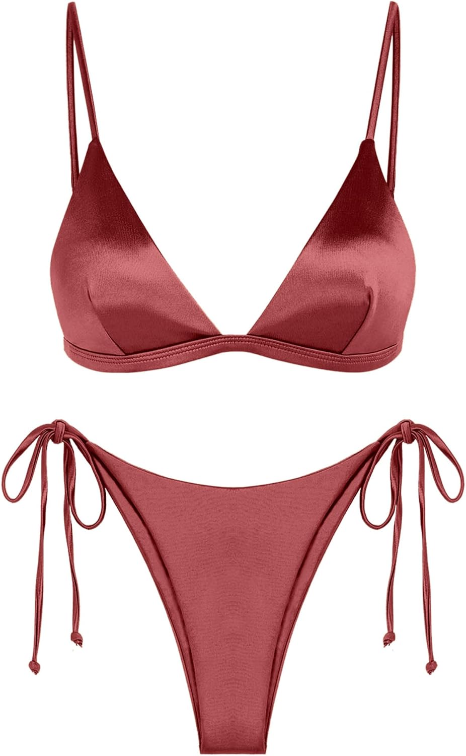ZAFUL Women's Shiny Silky Bikini Sets Sexy Triangle Two Piece Swimsuit 2024 Tie Side Thong High Cut Cheeky Bathing Suit Medium Rust