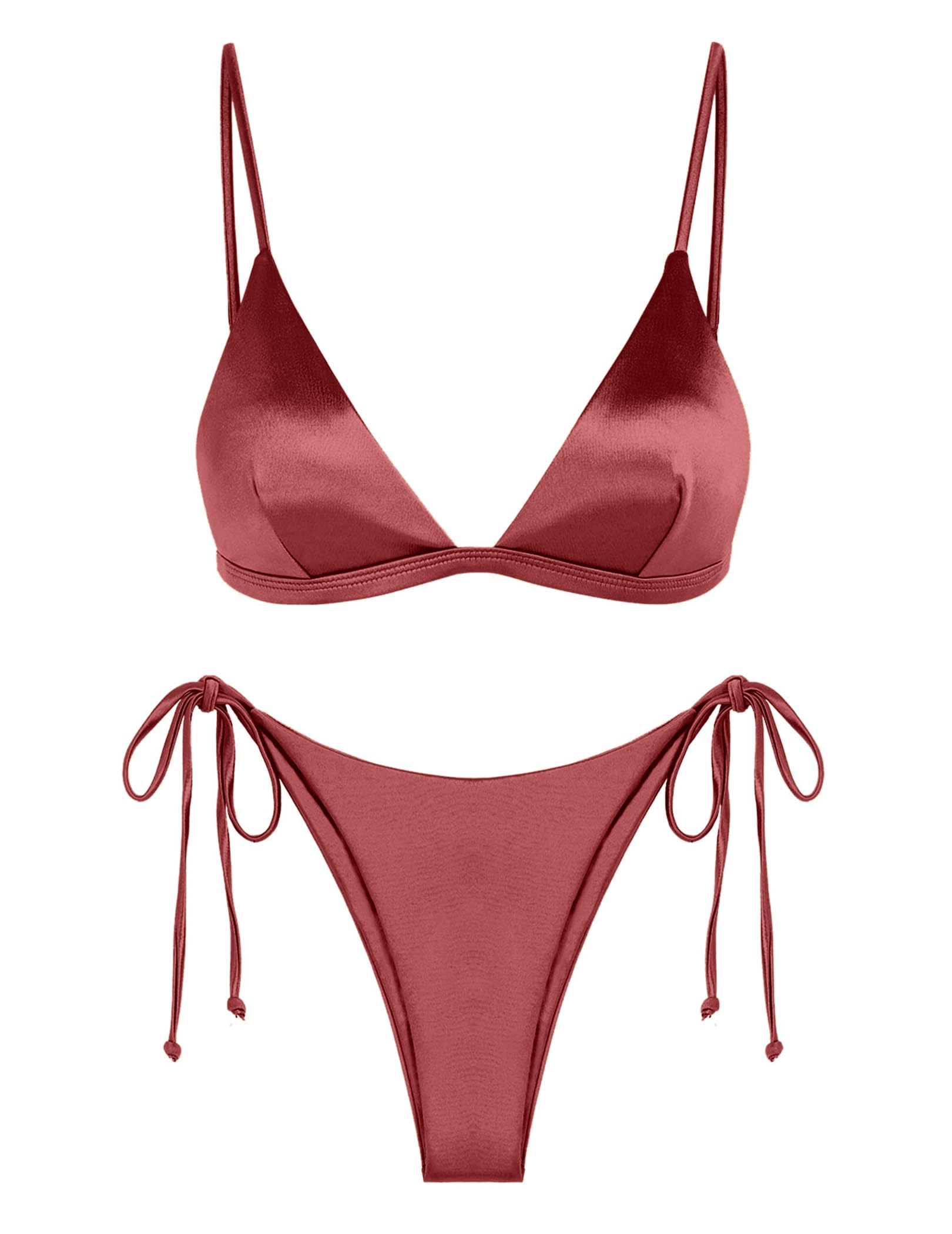 ZAFUL Women's Shiny Silky Bikini Sets Sexy Triangle Two Piece Swimsuit 2024 Tie Side Thong High Cut Cheeky Bathing Suit