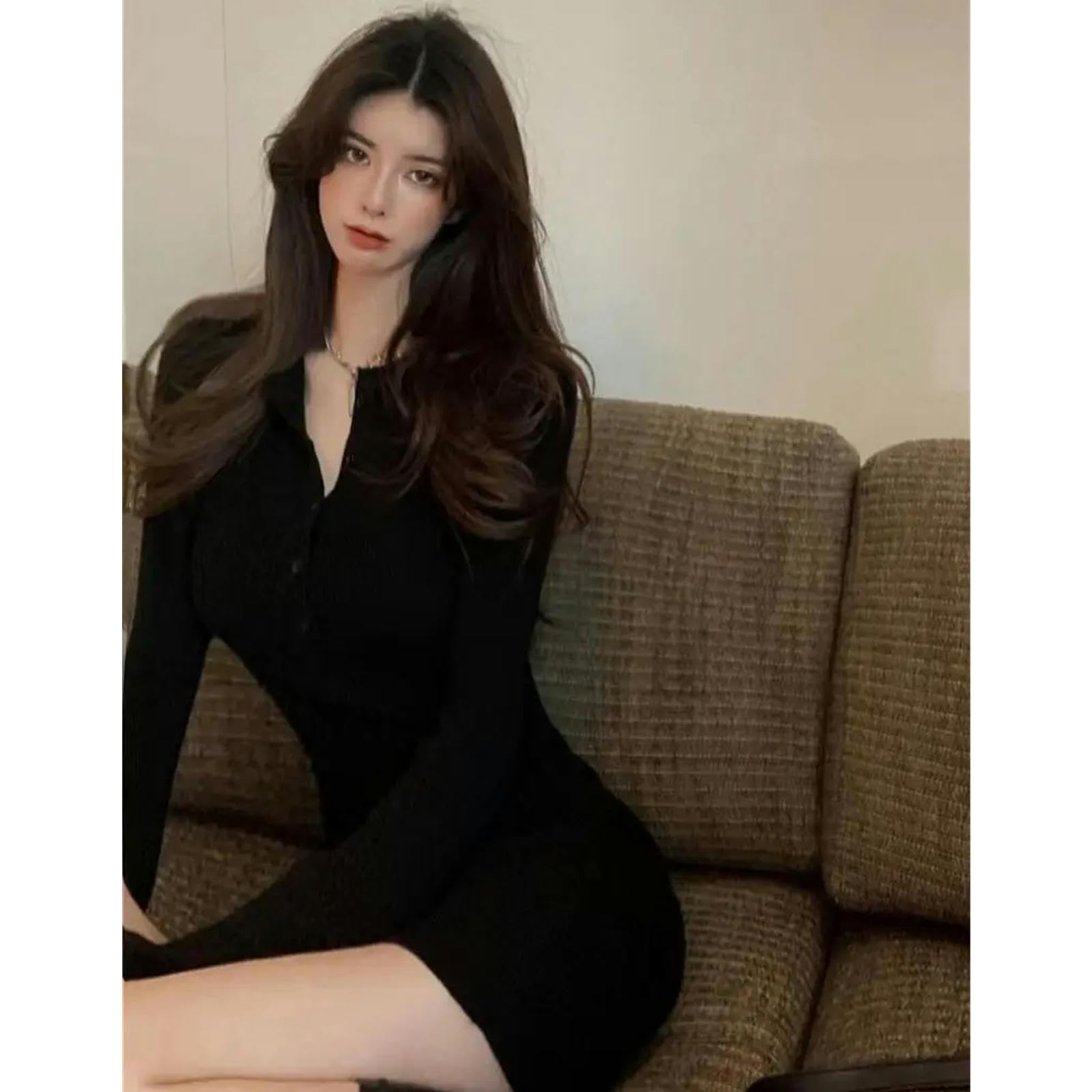 Vestito Mini Abito Inverno Autunno Donna Vccuggino A Villetto Sexy Maglione Elegante Abiti da Corpo Eleganti Abiti A Manica Lunga Gonna Corta-Nero-l