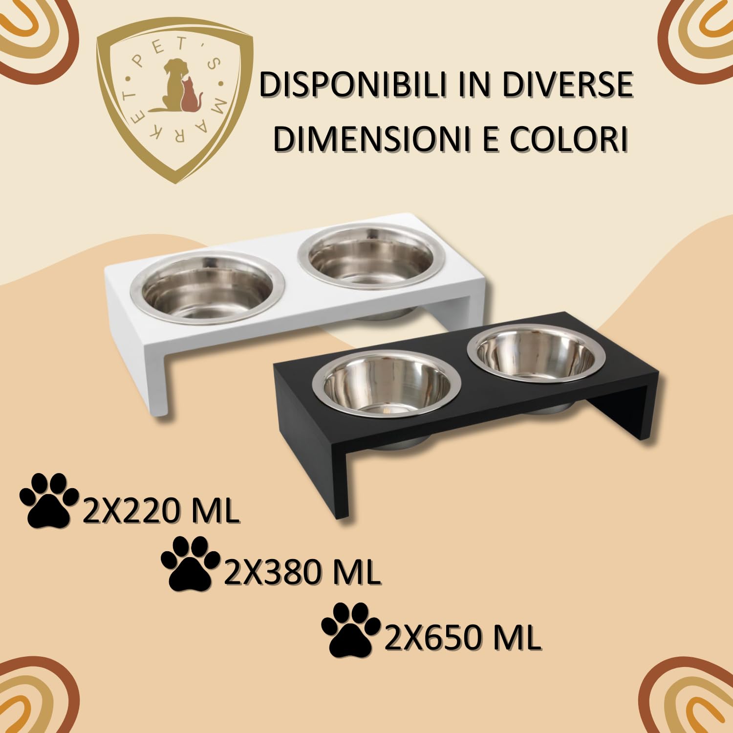 Pet's Market Ciotola Cane Gatto Doppia per la Pappa con Supporto in Legno in Diverse Dimensioni e Colori 2x220 ml 2x380 ml 2x650 ml (2x650 ml Nero)