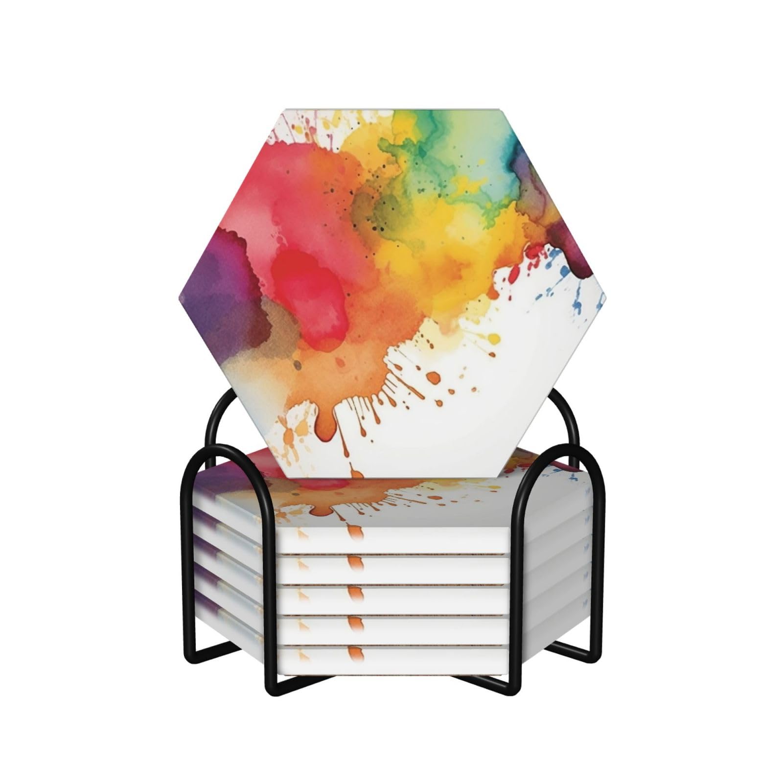 Dessous de verre en céramique hexagonaux (lot de 6) avec support en métal noir