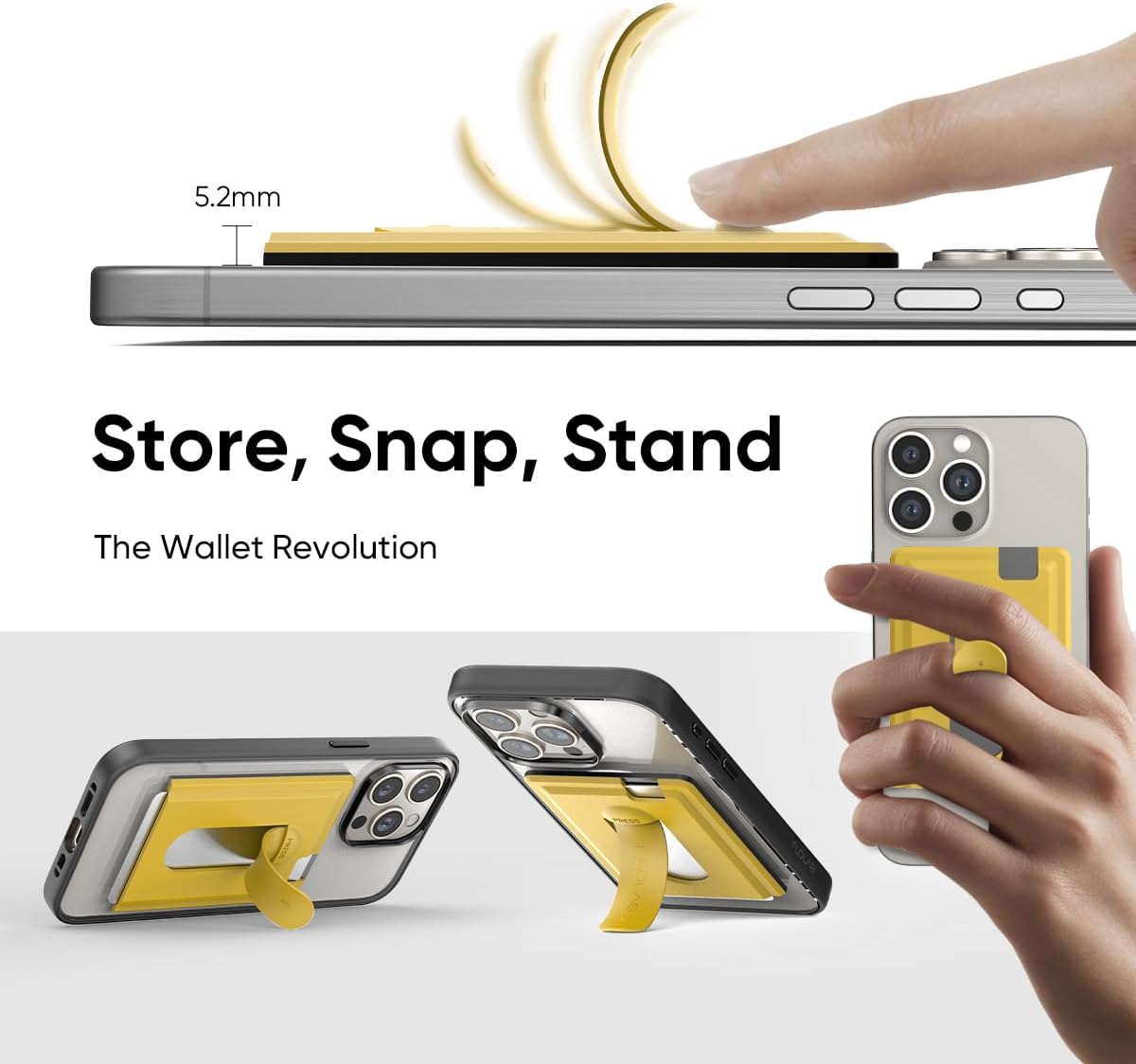 FLOLAB Magnetic Wallet for MagSafe Grip & Magnetic Wallet for iPhone 15/14/13/12: Silicone Card Holder with Secure Grip, Kickstand, Slim Design, Pocket Friendly - Cyber Yellow image 2