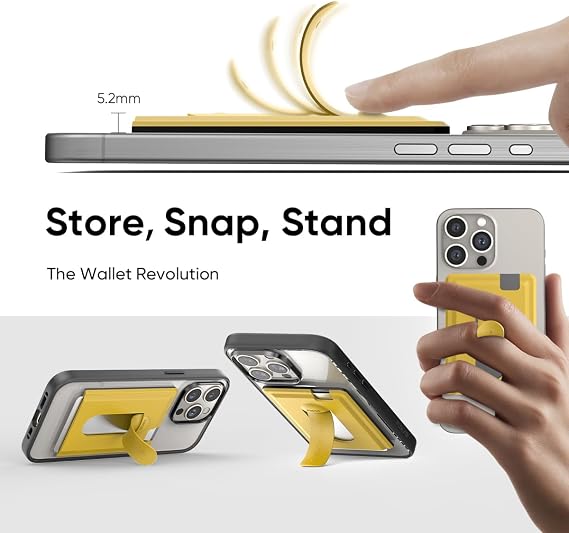 FLOLAB Magnetic Wallet for MagSafe Grip & Magnetic Wallet for iPhone 15/14/13/12: Silicone Card Holder with Secure Grip, Kickstand, Slim Design, Pocket Friendly - Cyber Yellow
