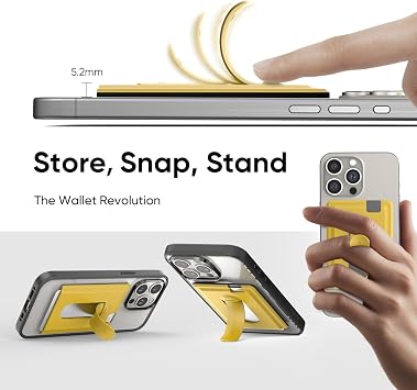 FLOLAB Magnetic Wallet for MagSafe Grip & Magnetic Wallet for iPhone 15/14/13/12: Silicone Card Holder with Secure Grip, Kickstand, Slim Design, Pocket Friendly - Cyber Yellow