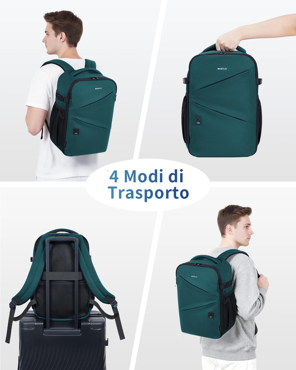 ECOHUB Zaino Ryanair 40x30x20 Leggero, Zaino da Viaggio 20L Resistente all'Acqua con Scomparto per PC Portatile da 14", Bagaglio a Mano in Tessuto PET Riciclato con 8 Tasche, per Uomo e Donna,Petrolio
