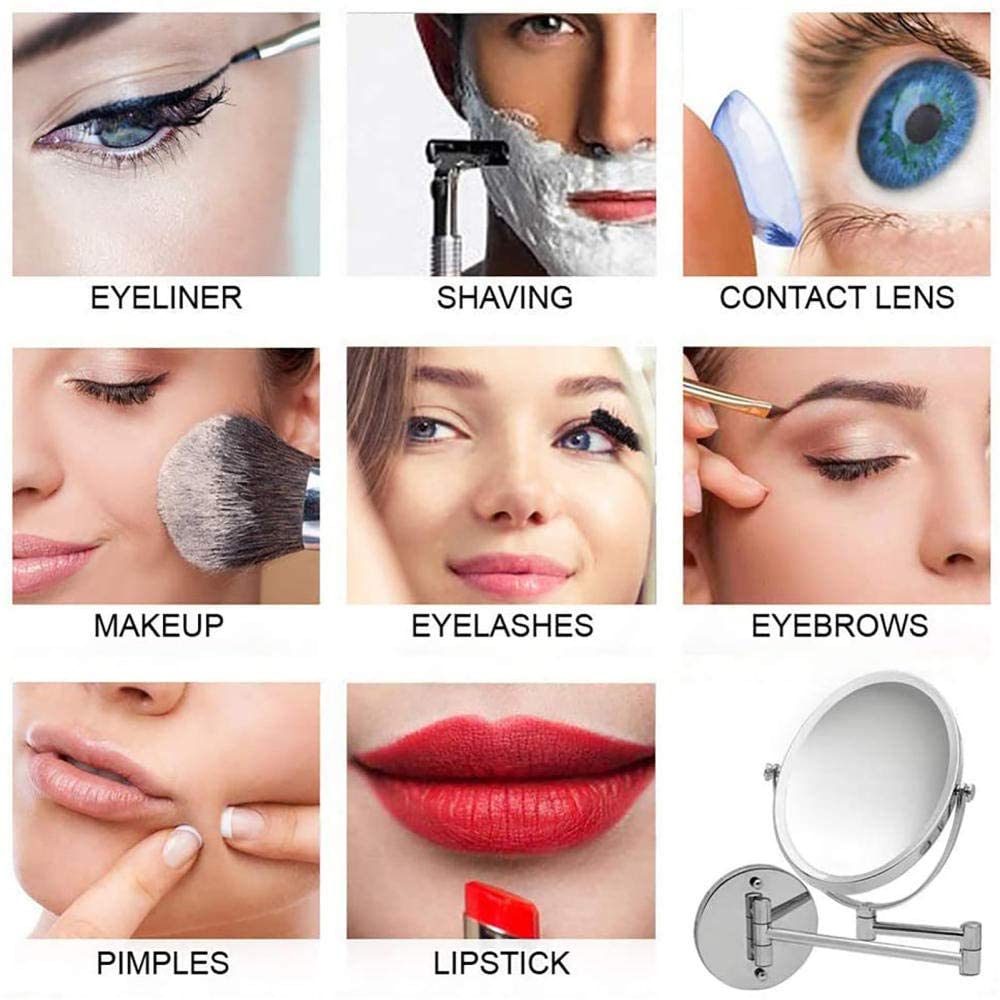 Espejo de maquillaje Montaje en pared Giratorio de 360 ° Doble Cara 1X 10X Aumento Espejo de baño con Luz LED Forma Redonda extensible Espejo de belleza plegable 8 pulgadas