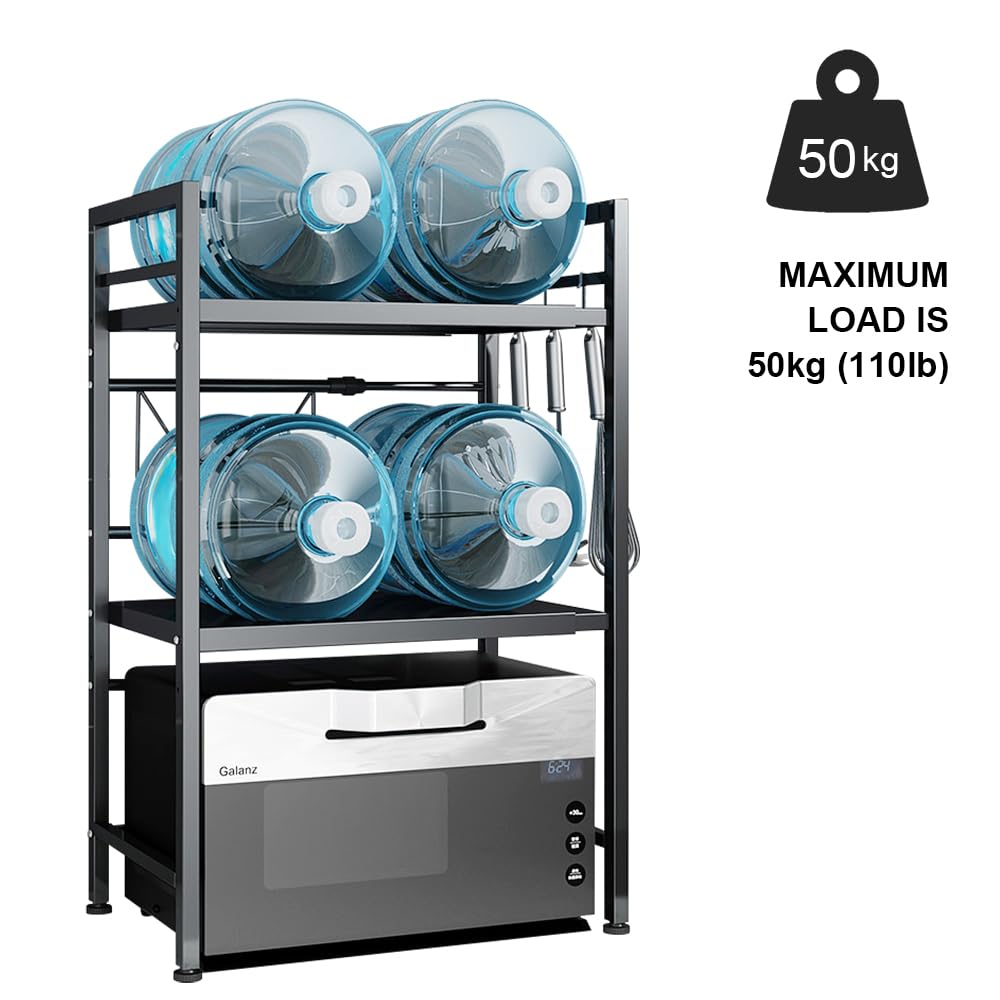 Soporte de Microondas Ampliable, 3 Niveles de Cocina de Metal Estantes Organizador de la Mestop con 6 Ganchos, Panadero Rack, Plataforma de Microondas, Horno de Microondas Rack (3 Niveles)