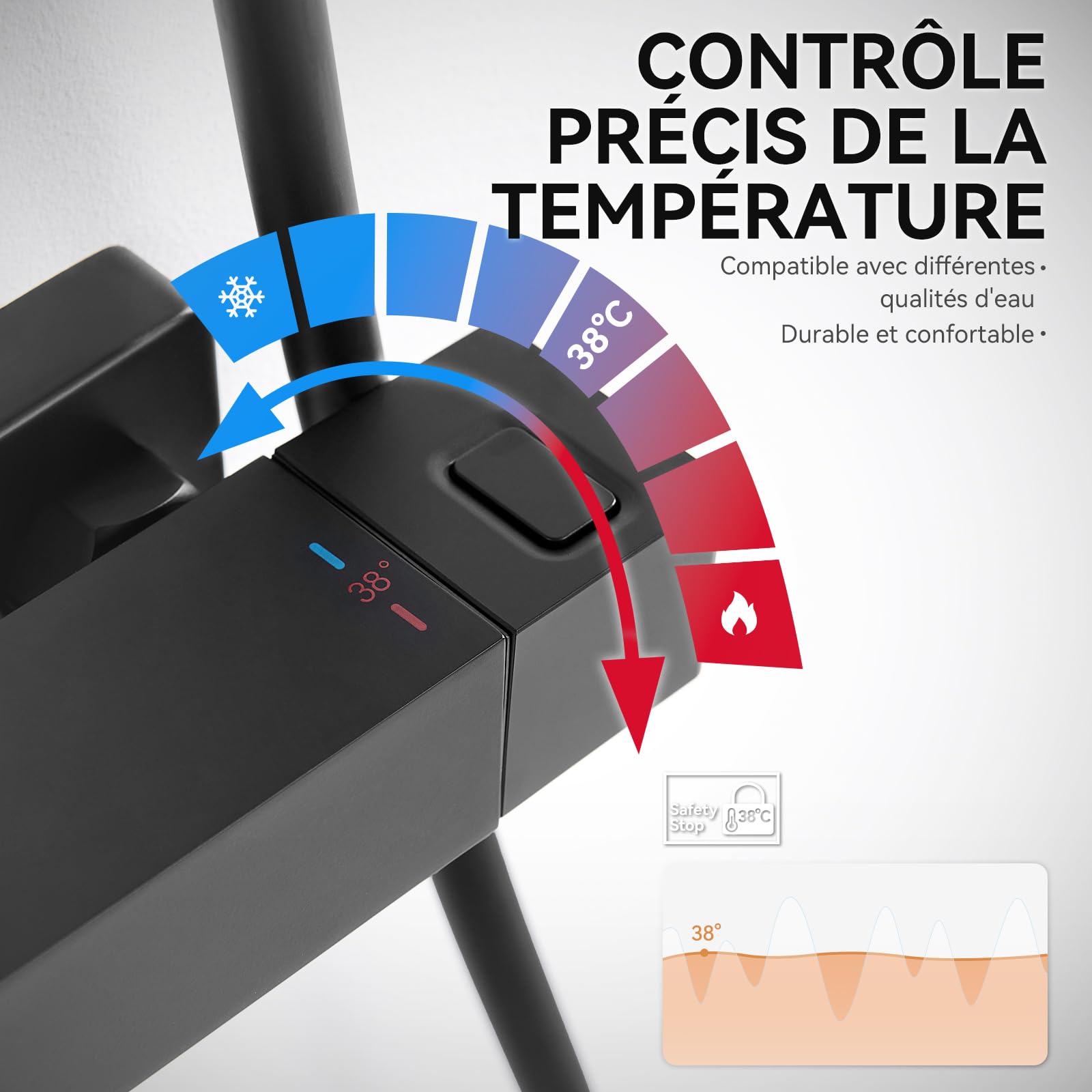 Auralum Colonne de Douche Thermostatique Noir, Ensemble de Colonne de Douche Murale Réglable avec Mitigeur Salle de Bain Robinet, 30x19CM Douche de Tête, Carré Shower Bar Douche Plafonnier Mitigeur