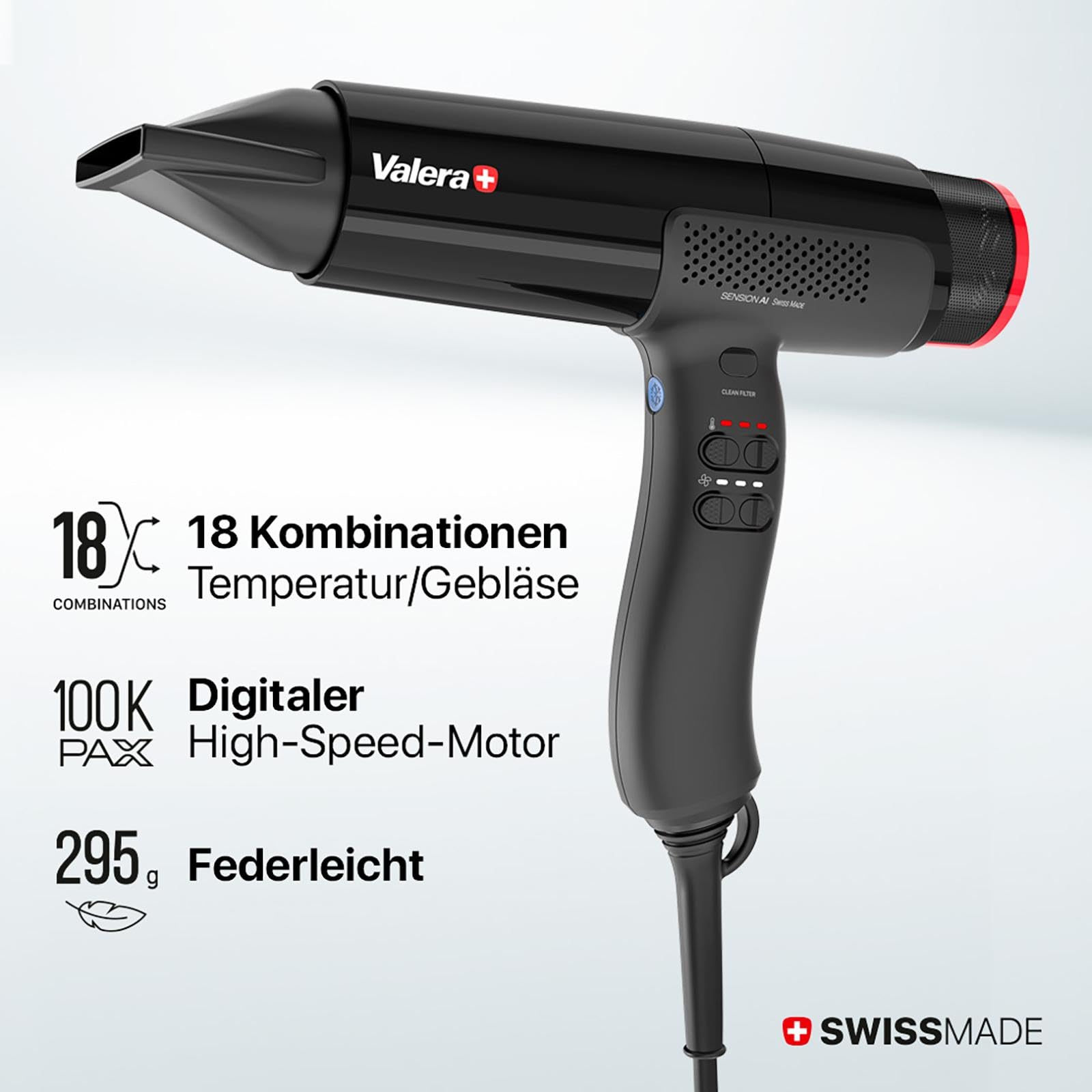 Valera Sension AI, Profi-Haartrockner, 2000W | Schwarz,Föhn mit High-Speed Digitalmotor,18 Temperatur- und Luftstromstufen, Ionisator, Leichtes Design, Swiss Made