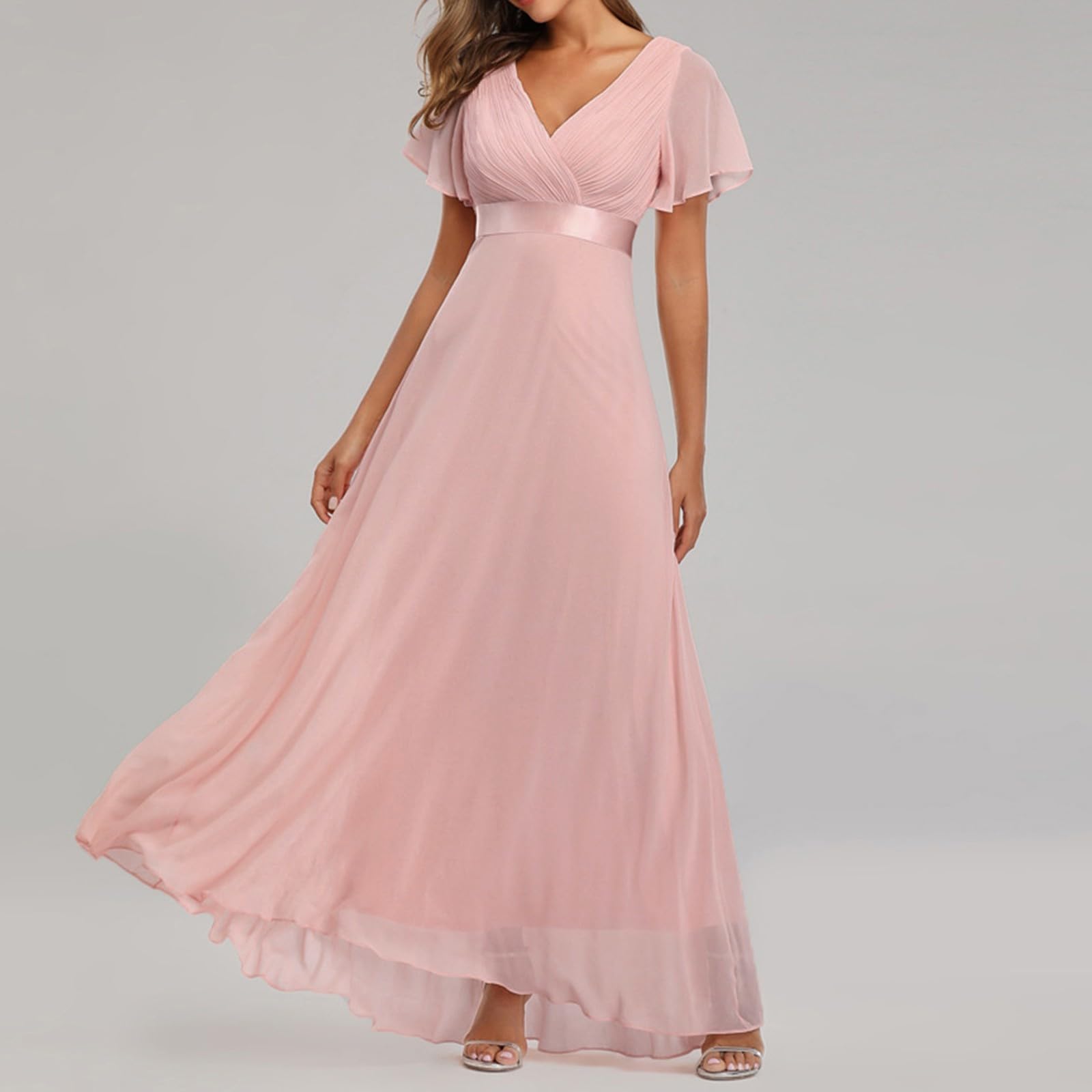 Vestido de noche para mujer, con cinturón, manga corta, cuello en V, de gasa, elegante, vestido de dama de honor, largo, de línea A, vestido de cóctel, vestido de fiesta con cinturón, corte ajustado,
