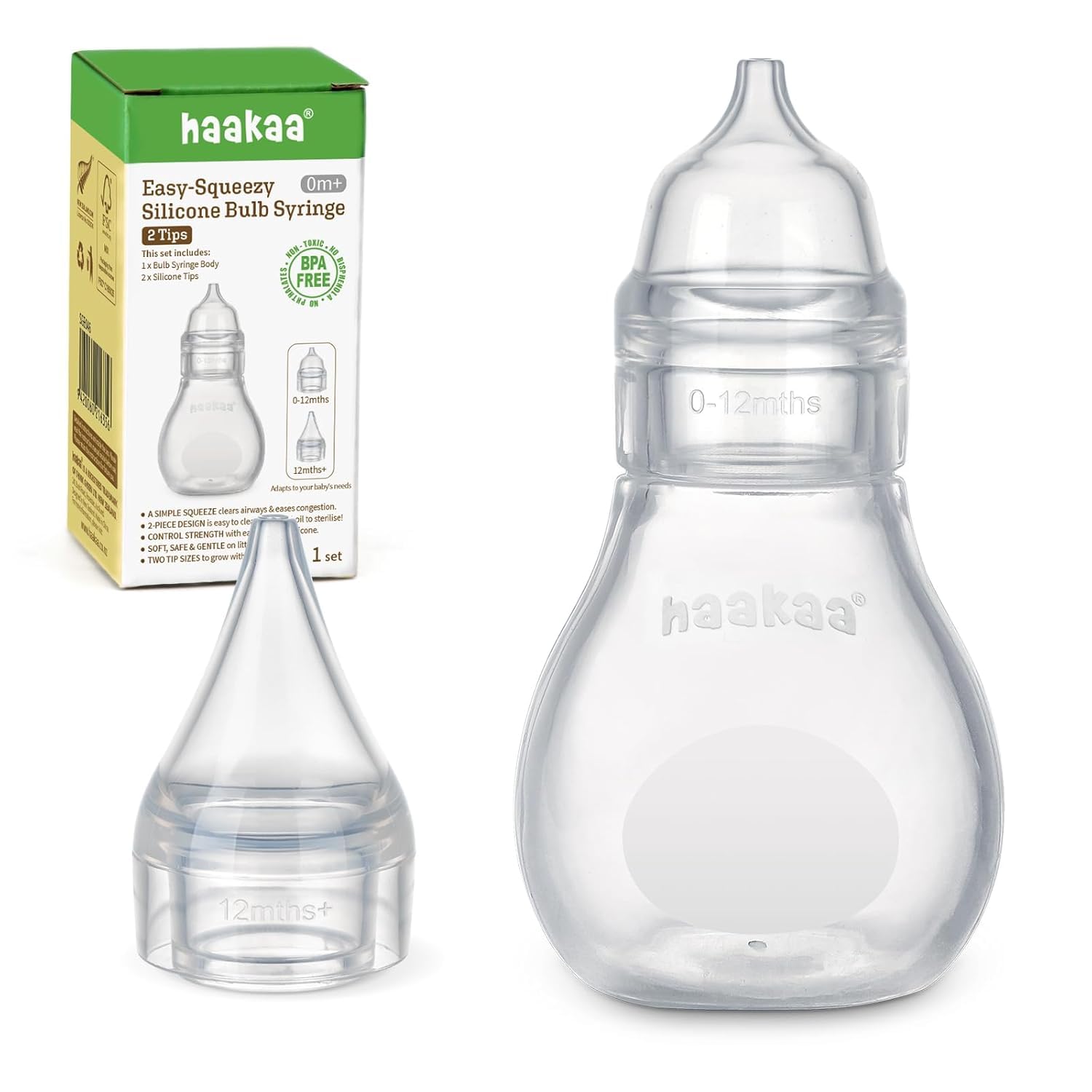 haakaa Aspirateur Nasal Bébé en Silicone, Mouche-Bébé Manuel Easy-Squeeze, Nettoyeur de Nez pour Nouveau-né et Tout-petit 0M+, Transparent, avec 1 Embout de Rechange