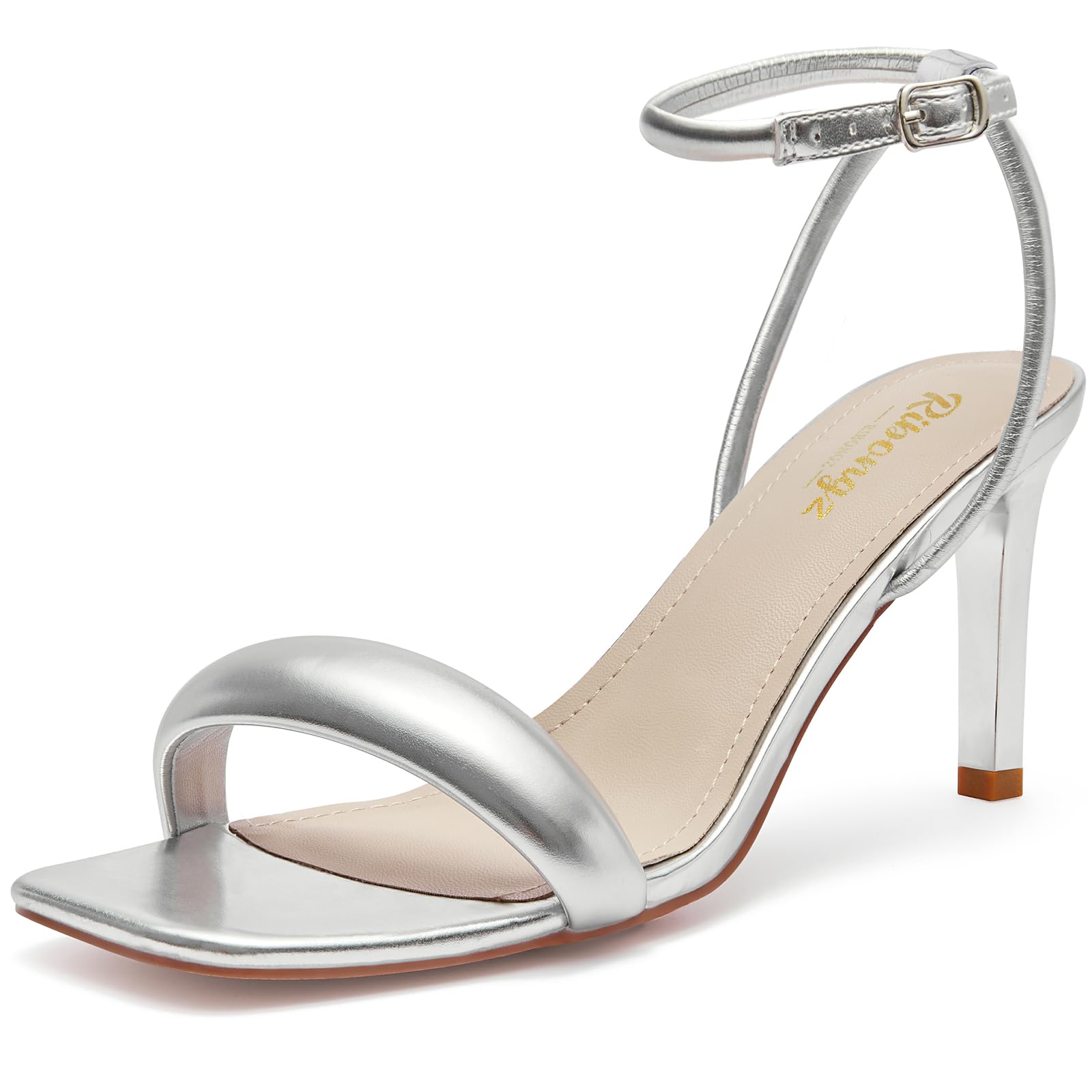 RIBONGZ Womens Sandals Dressy Gold Strappy Square Open Toe Chunky Heels Ankle Strap Kitten Sexy High Heels Prom Wedding Party Evening Summer Bridal Shoes