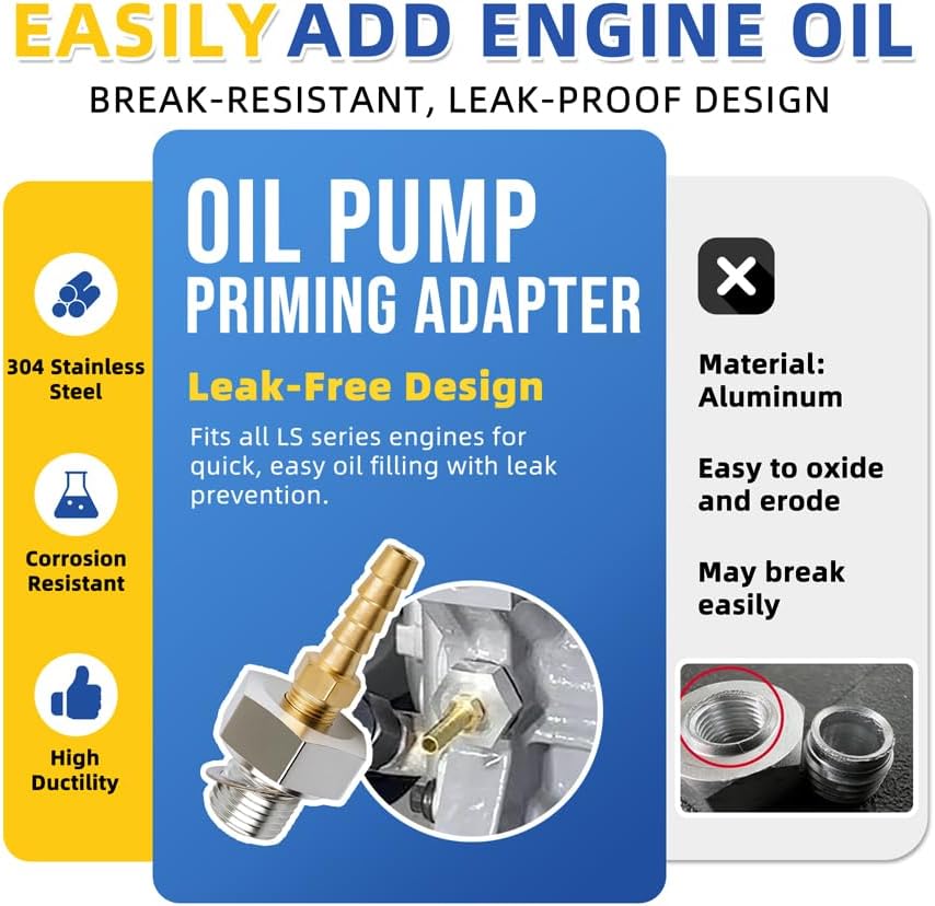 LS Oil Priming Tool Kit, Oil Pump Primer Tool with M16x1.5 LS Oil Pressure Adapter and 1/8 NPT Hose Barb Brass Fitting, Pre Oiler Tool for GM LS Engine LS1 LS3 LSX 4.8 5.3 6.0 6.2