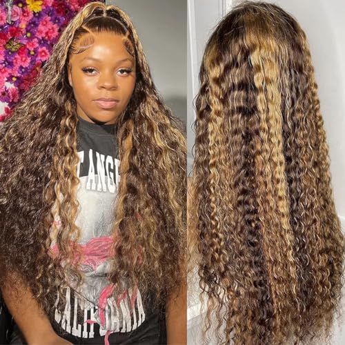 Highlight Ombre HD Transparent 13x4 Lace Front Wigs Human Hair 180% Density Honey Blonde 4/27 Deep Wave Lace Front Wigs for Black Women Frontal Curly Wig Pre Plucked with Baby Hair 34 Inch
