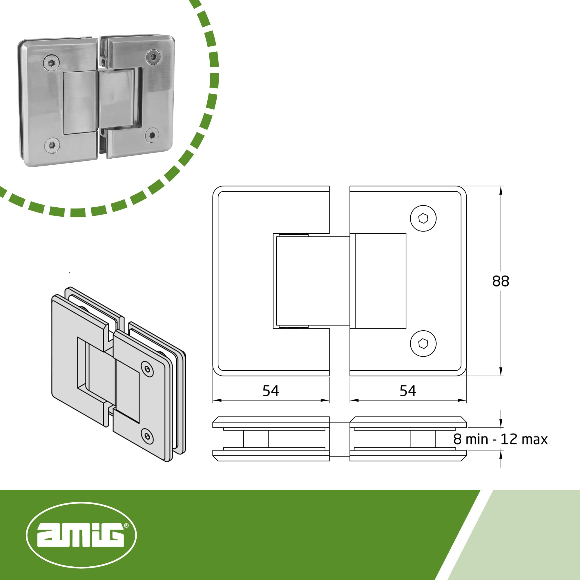 Amig Scharnier Modell A Für Glasduschtüren - Nickel Matt, 18/8 Edelstahl Für 8-12mm Glas