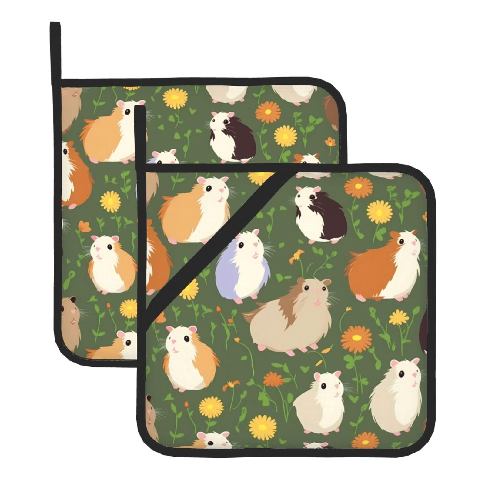HJFCZH Cute Guinea Pigs Printed Square Insulated Pot Mat Set (2-Piece) 8x8in Waterproof, Thickened & Easy to Clean with Lanyard Design for Kitchen, Oven & BBQ