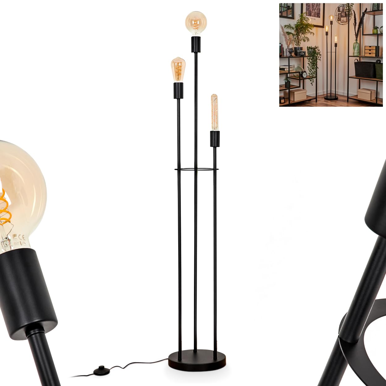 HOFSTEIN Maiford Floor Lamp, Modern Metal Floor Lamp in Black, Floor Lamp in Industrial Design with Foot Switch on Cable, Height 140.5 cm, 3 x E27, Bulb Not Included