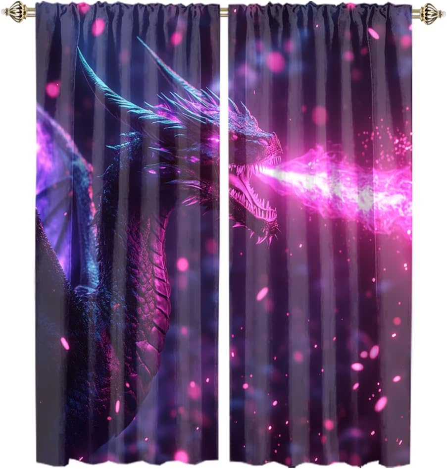 Purple Cool Dragon Curtains for Bedroom,Modern Abstract Fantasy Japanese Anime Dragon Thermal Insulated Room Darkening Rod Pocket Curtains 63" L x 27.5" W x 2 Panels Blackout